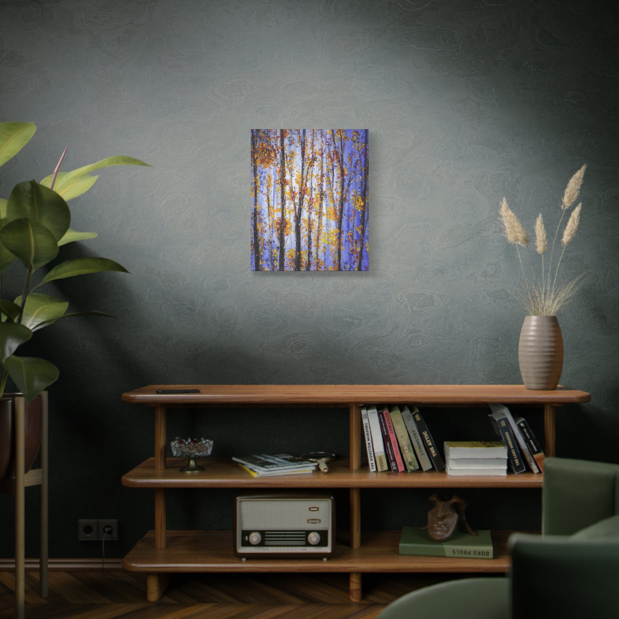 Autumn Aspens Matte Stretched Canvas – Purple & Gold Forest Wall Art (1.25")