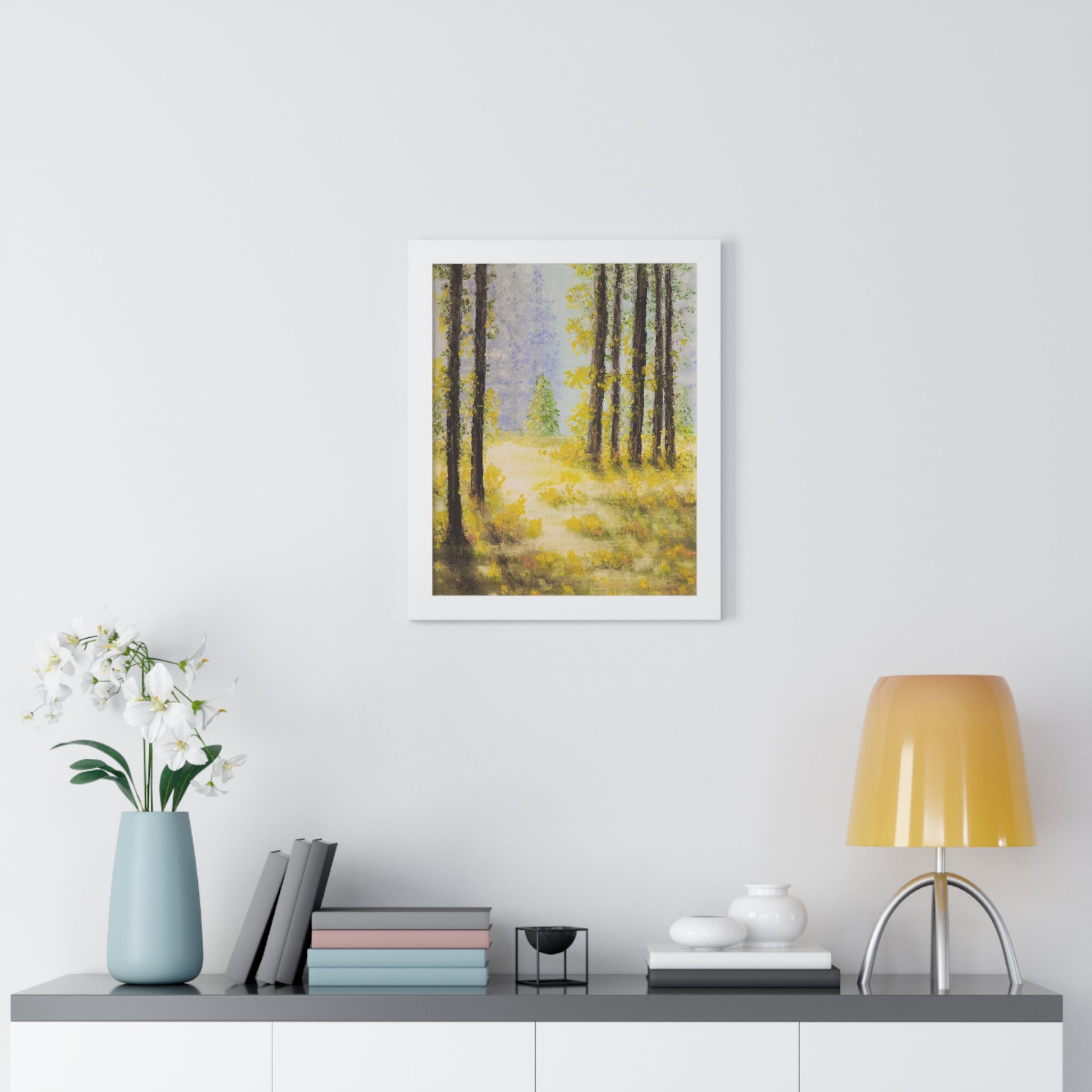 Framed Poster — Serene Sunlit Forest Painting