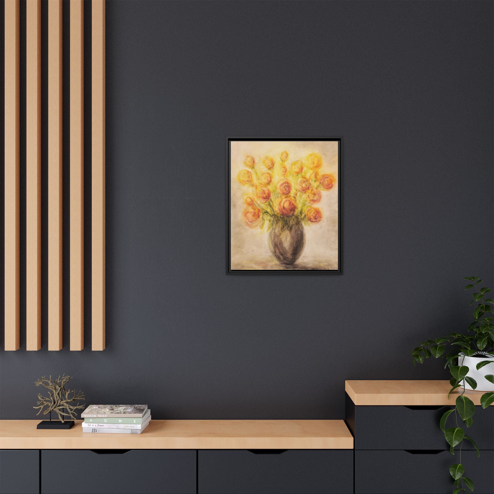 Framed Matte Canvas Floral Bouquet Wall Art — Yellow Rose Vase Print