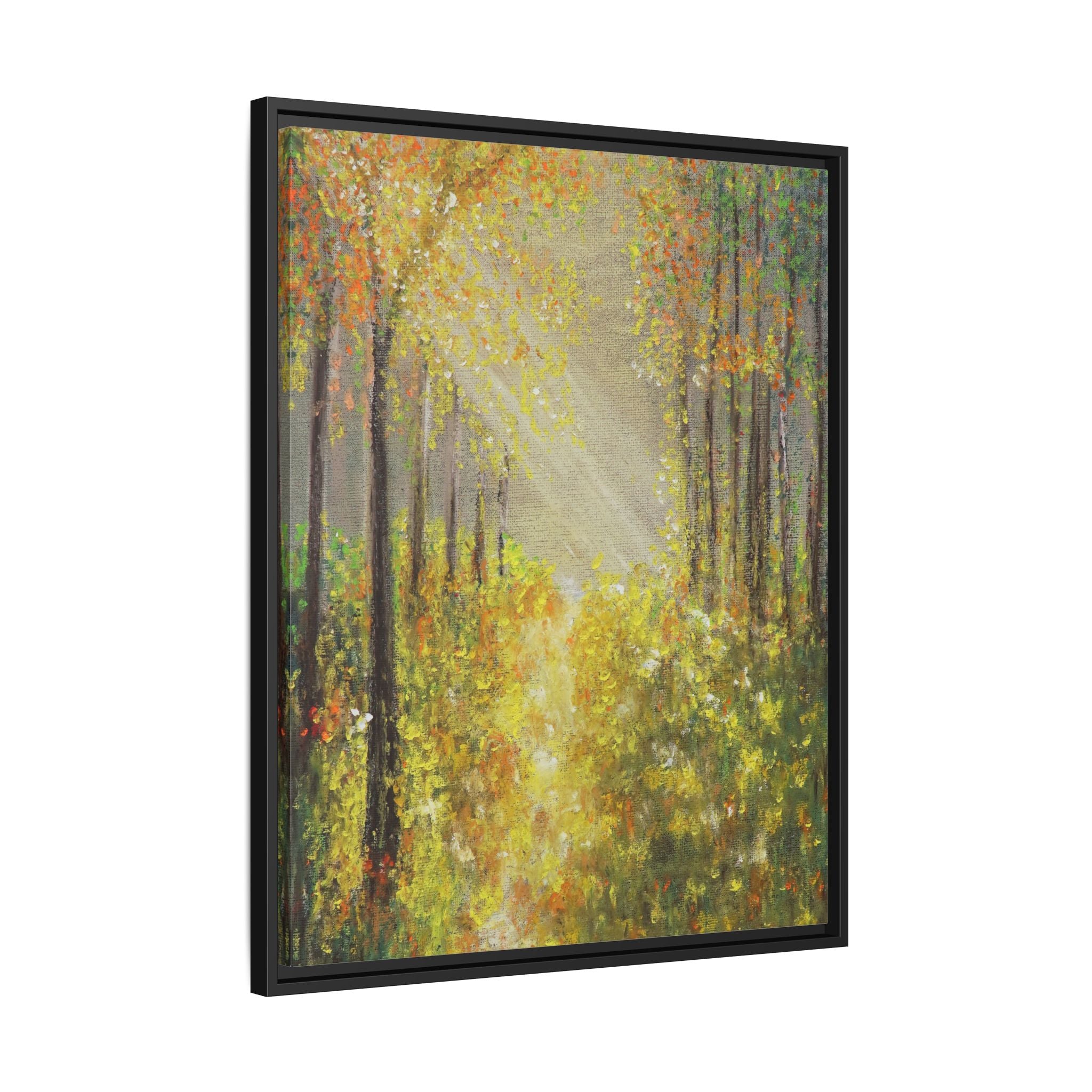 Sunlit Forest Path Framed Canvas Art — Autumn Woodland Wall Decor