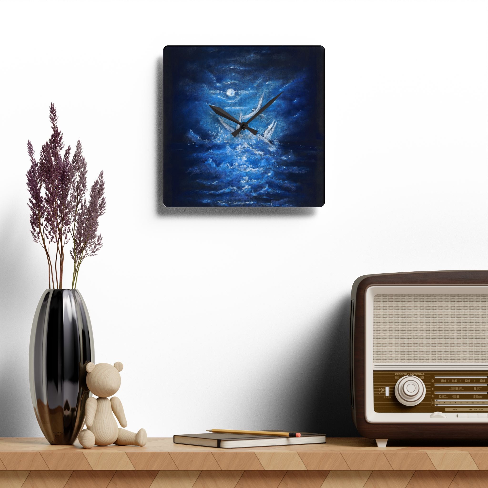 Acrylic Wall Clock — Midnight Ocean White Birds Night Sky Art
