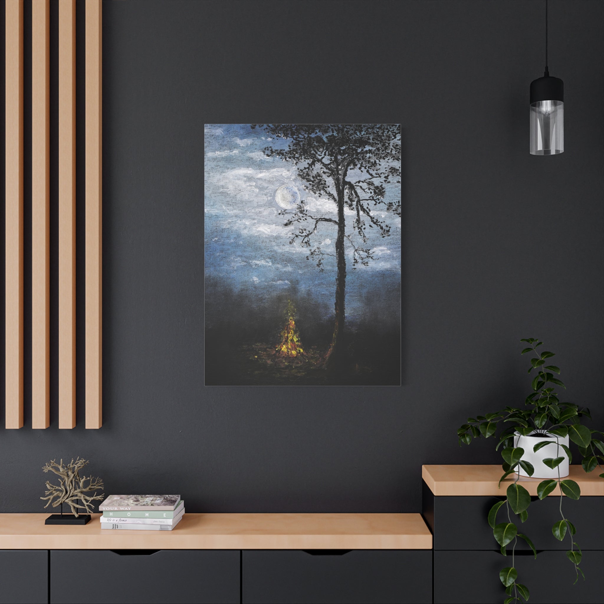 Moonlit Campfire Matte Canvas Wall Art — Night Forest Landscape