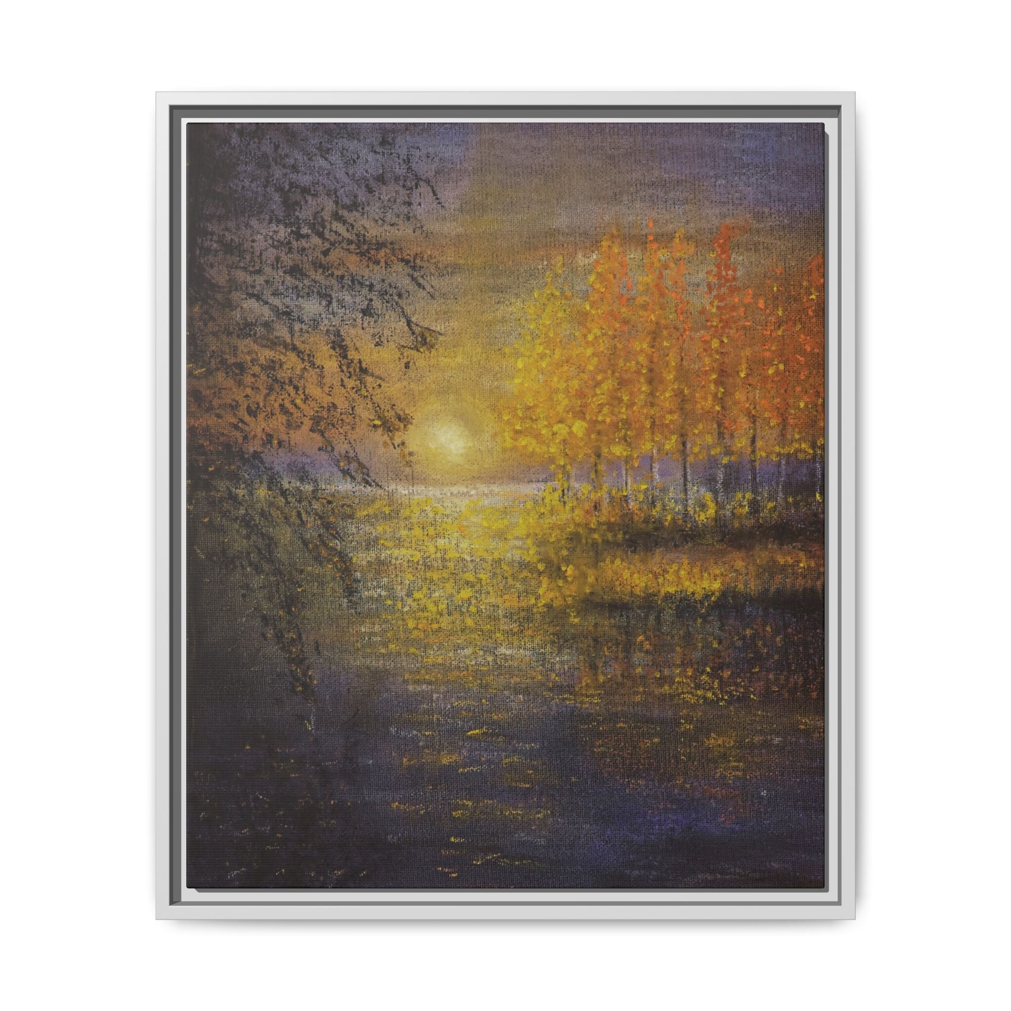 Framed Matte Canvas Painting - Golden Trees Over Tranquil Lake