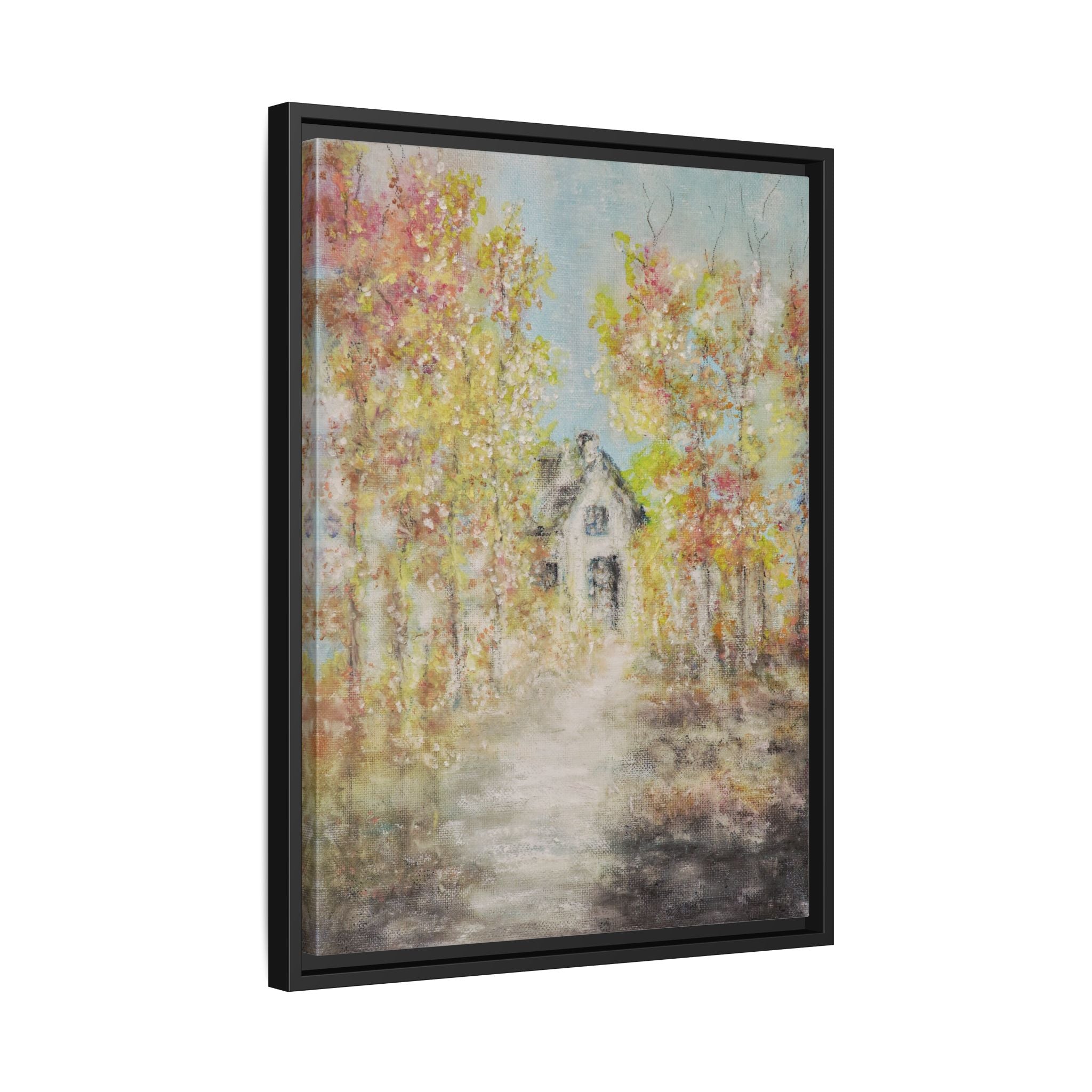 Framed Autumn Cottage Canvas Print — Rustic Fall Landscape Wall Art