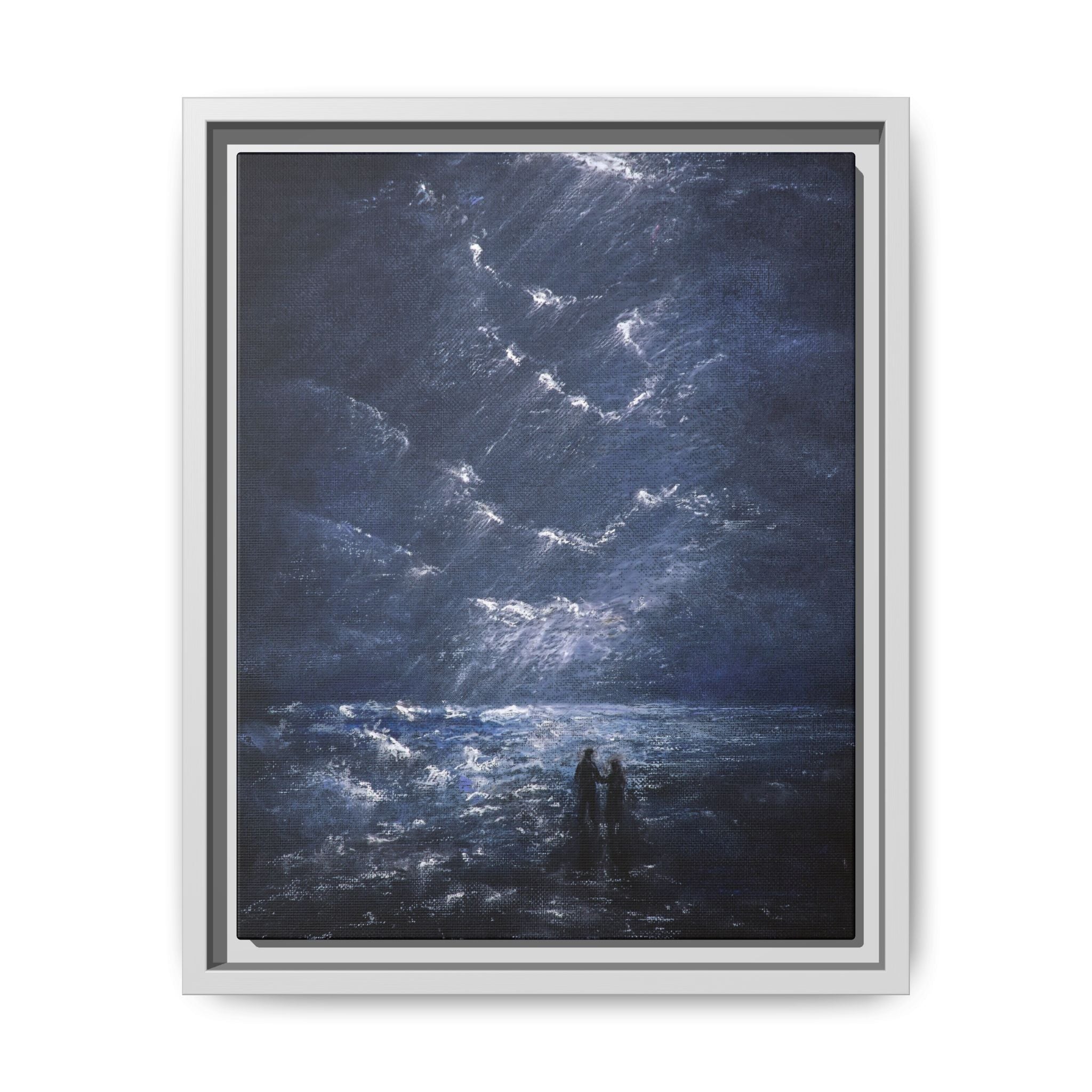 Couple on Shore at Night - Framed Canvas Art