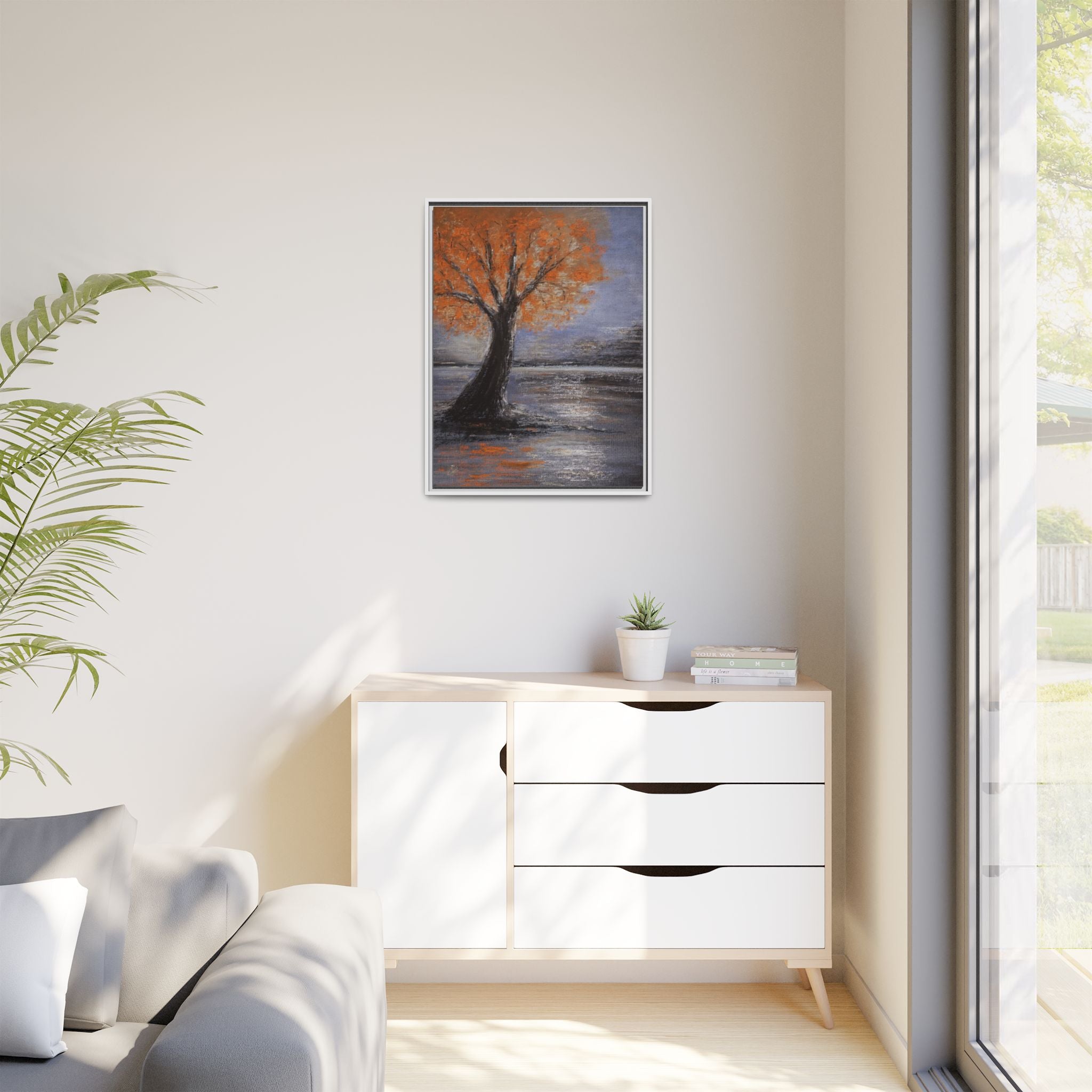 Framed Autumn Tree Canvas Print — Orange Tree Landscape Wall Art