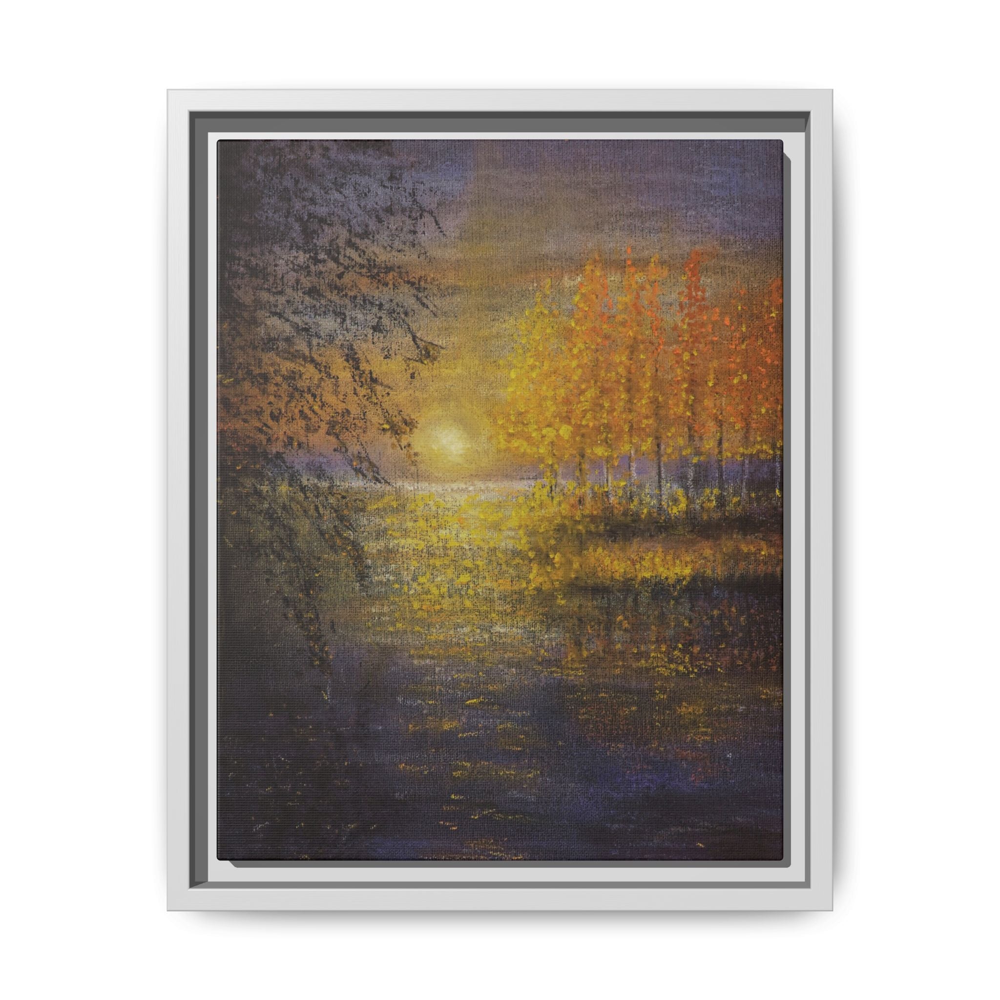 Framed Matte Canvas Painting - Golden Trees Over Tranquil Lake