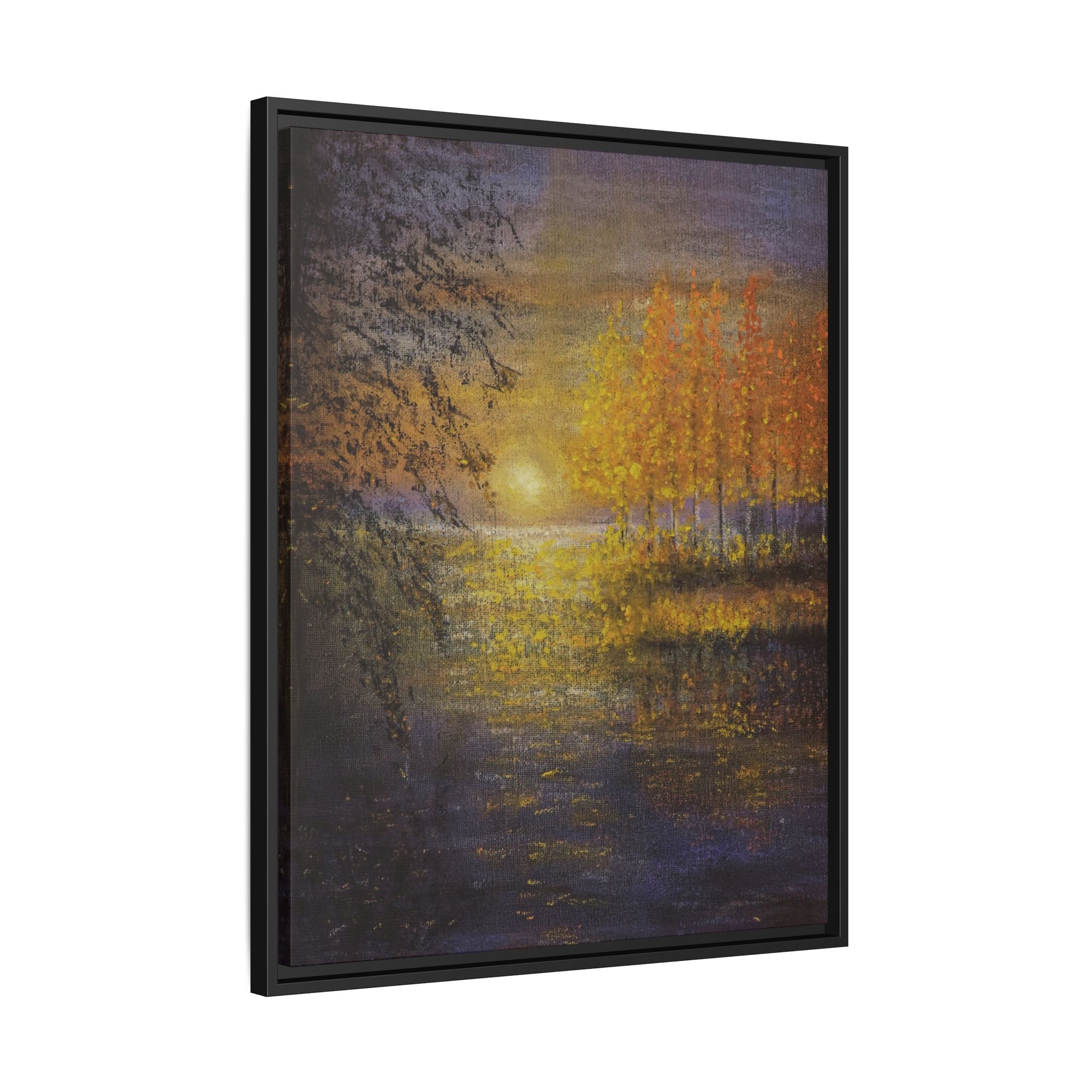 Framed Matte Canvas Painting - Golden Trees Over Tranquil Lake