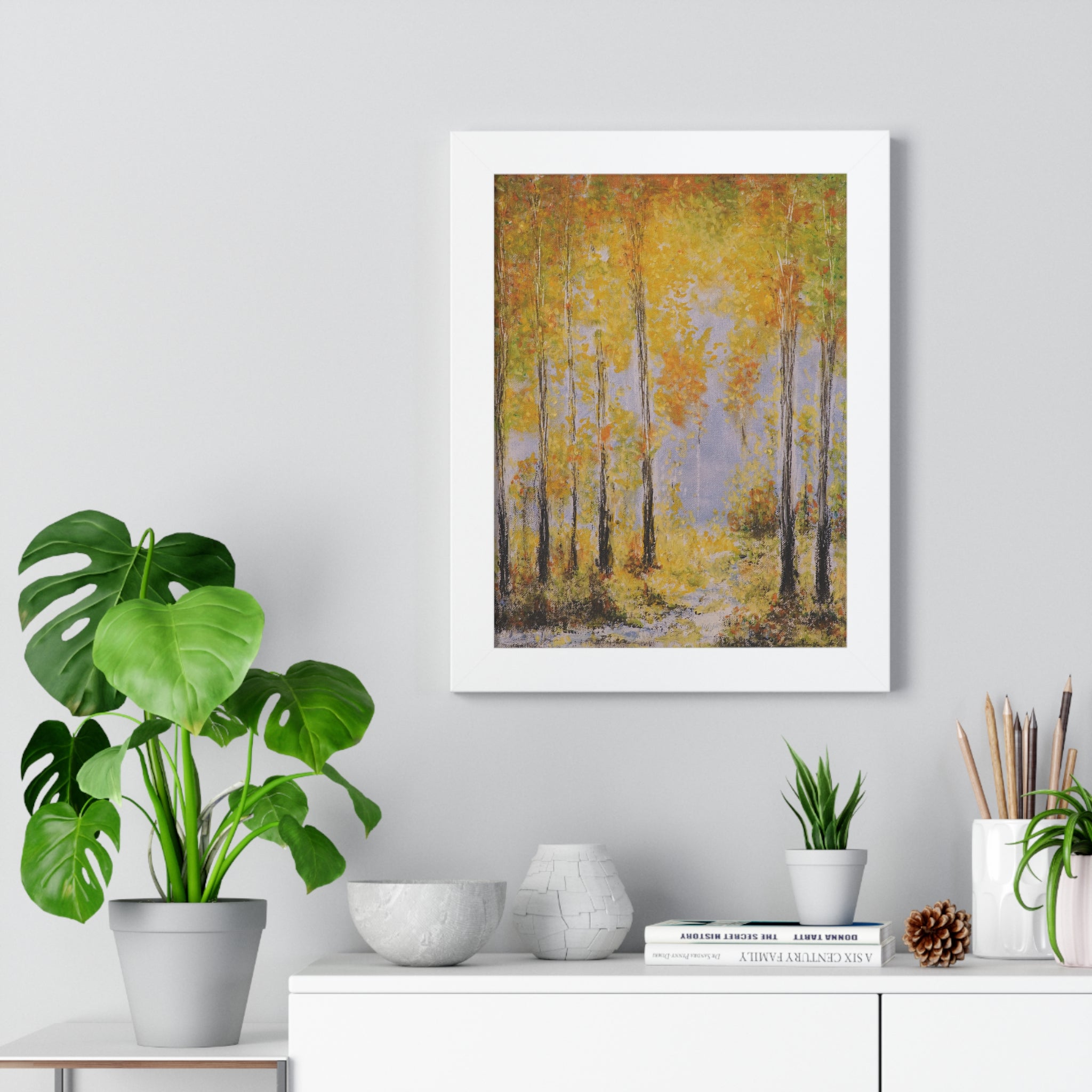 Autumn Birch Forest Framed Poster — Vertical Fall Landscape Wall Art
