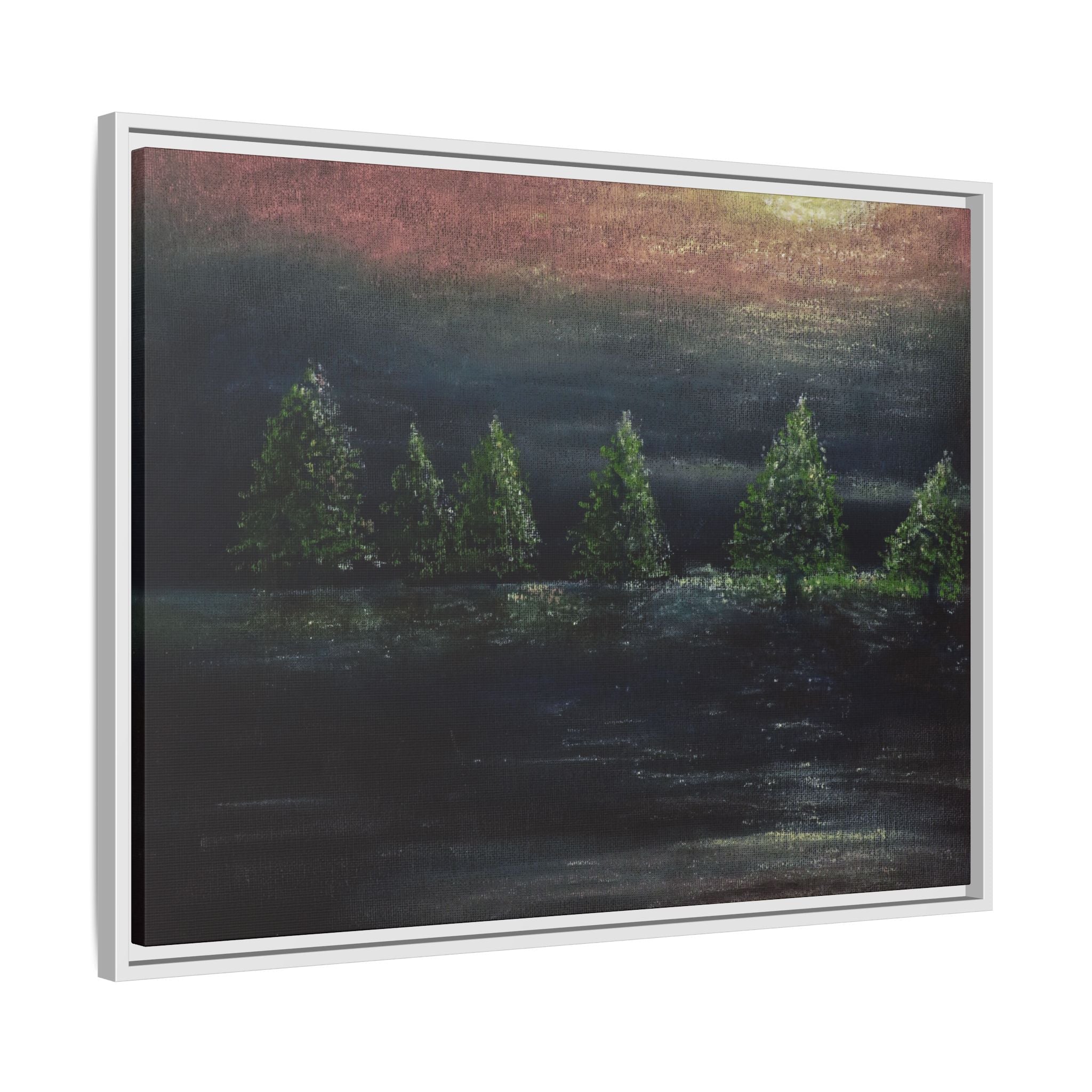 Framed Matte Canvas Wall Art — Moonlit Pine Trees Landscape