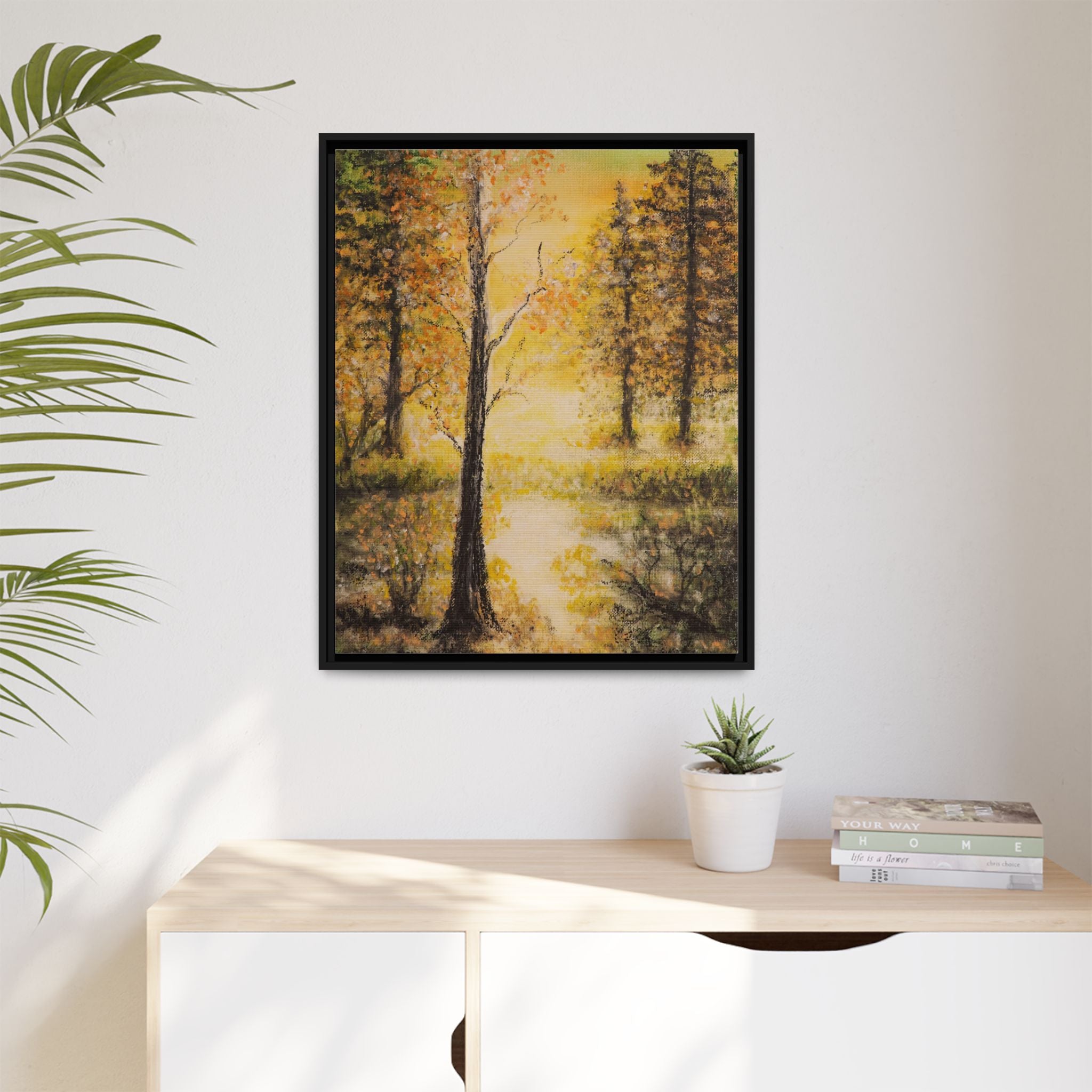 Framed Autumn Forest Canvas Print — Golden Lakeside Wall Art