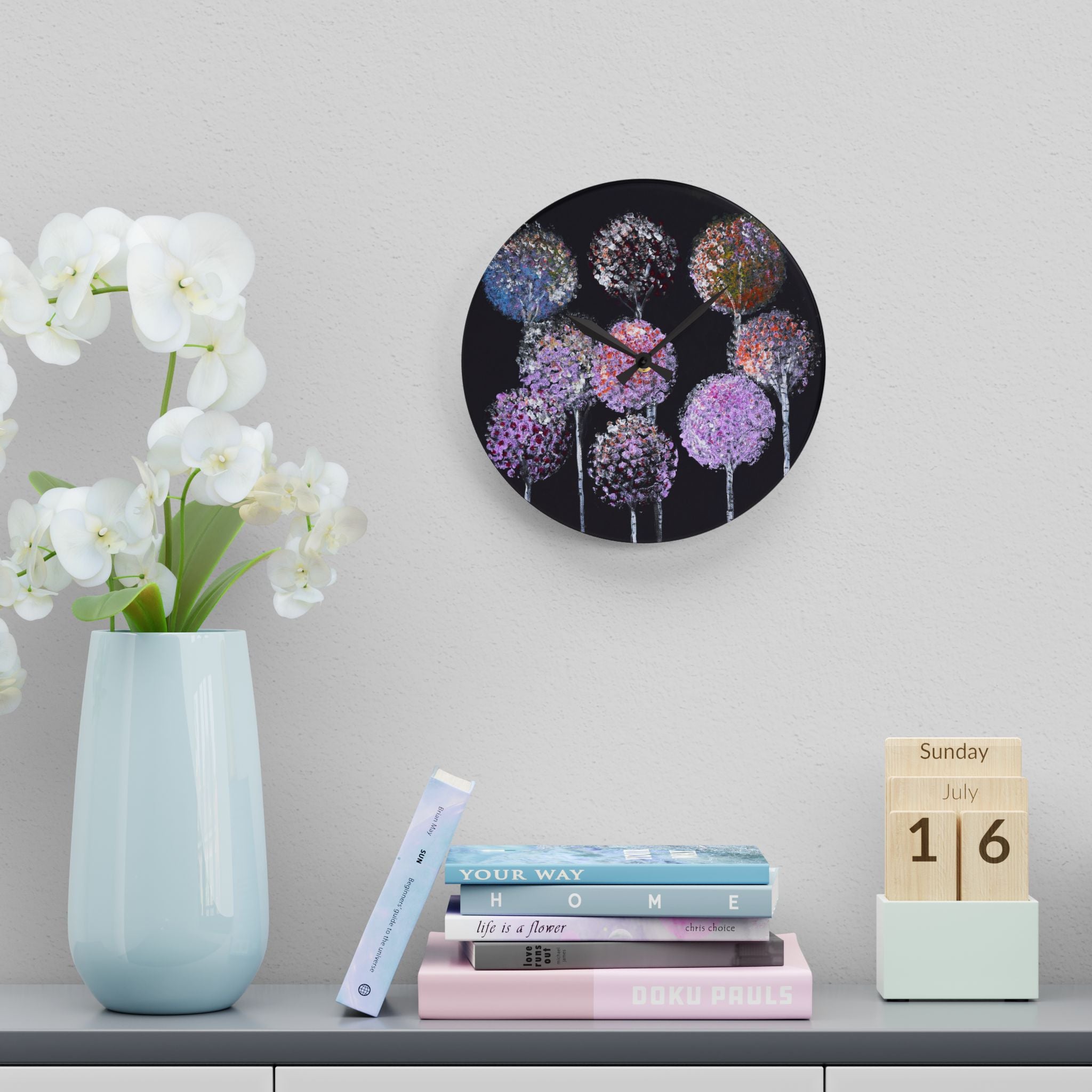 Acrylic Wall Clock — Pastel Allium Floral Design on Black