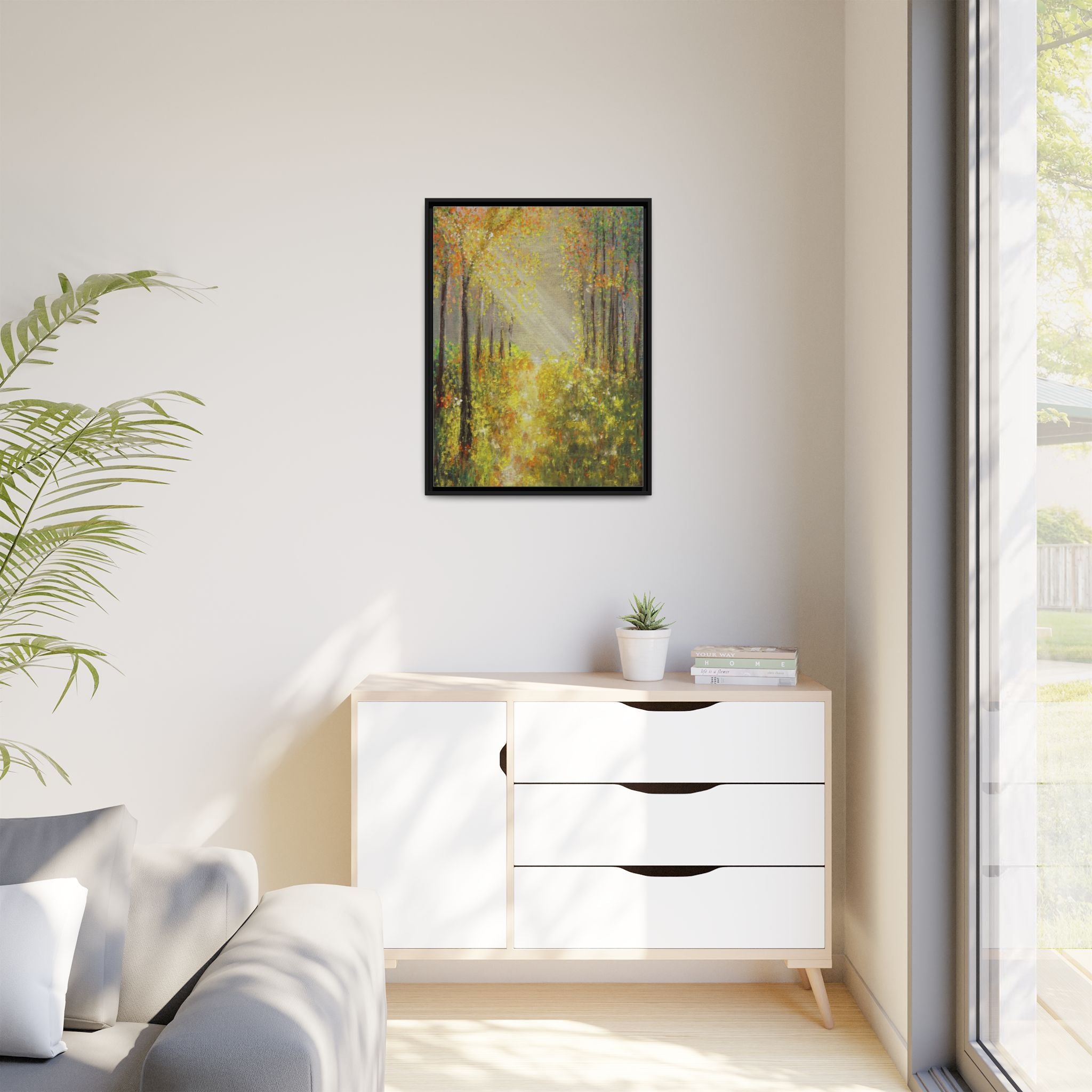 Sunlit Forest Path Framed Canvas Art — Autumn Woodland Wall Decor