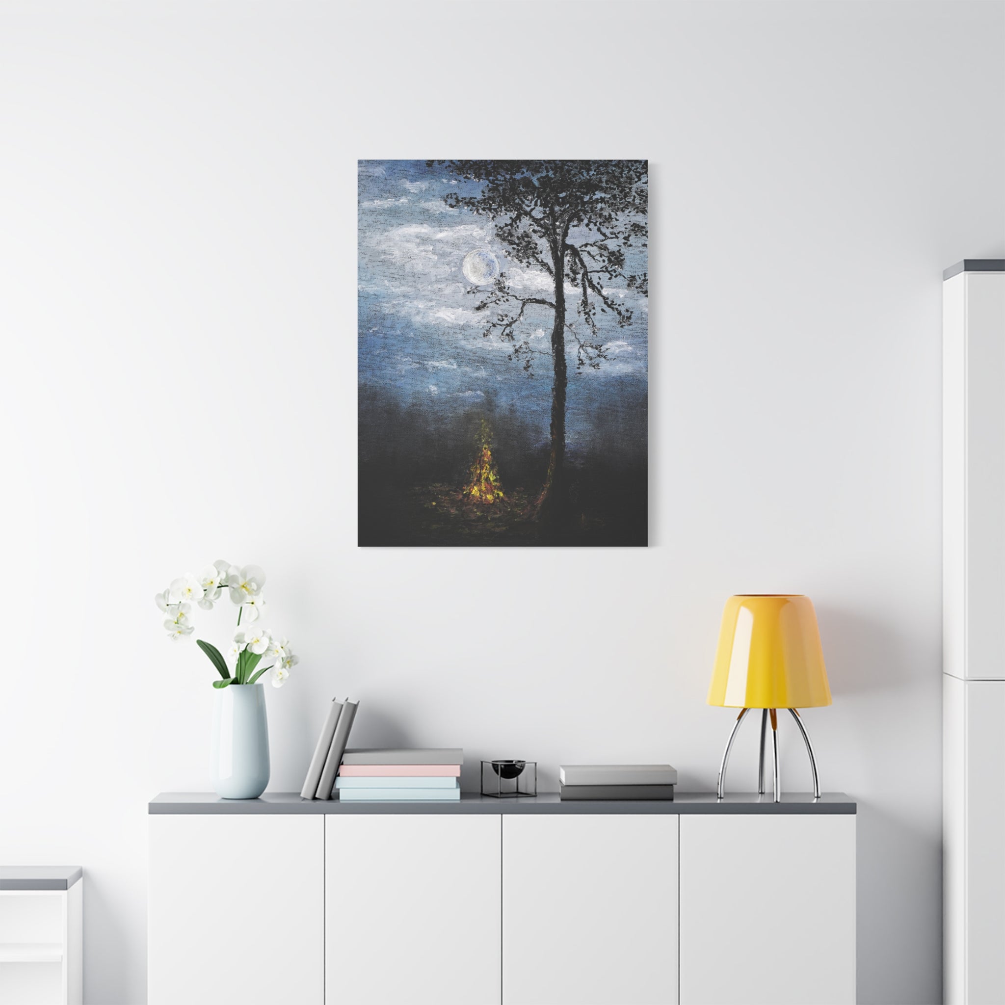 Moonlit Campfire Matte Canvas Wall Art — Night Forest Landscape