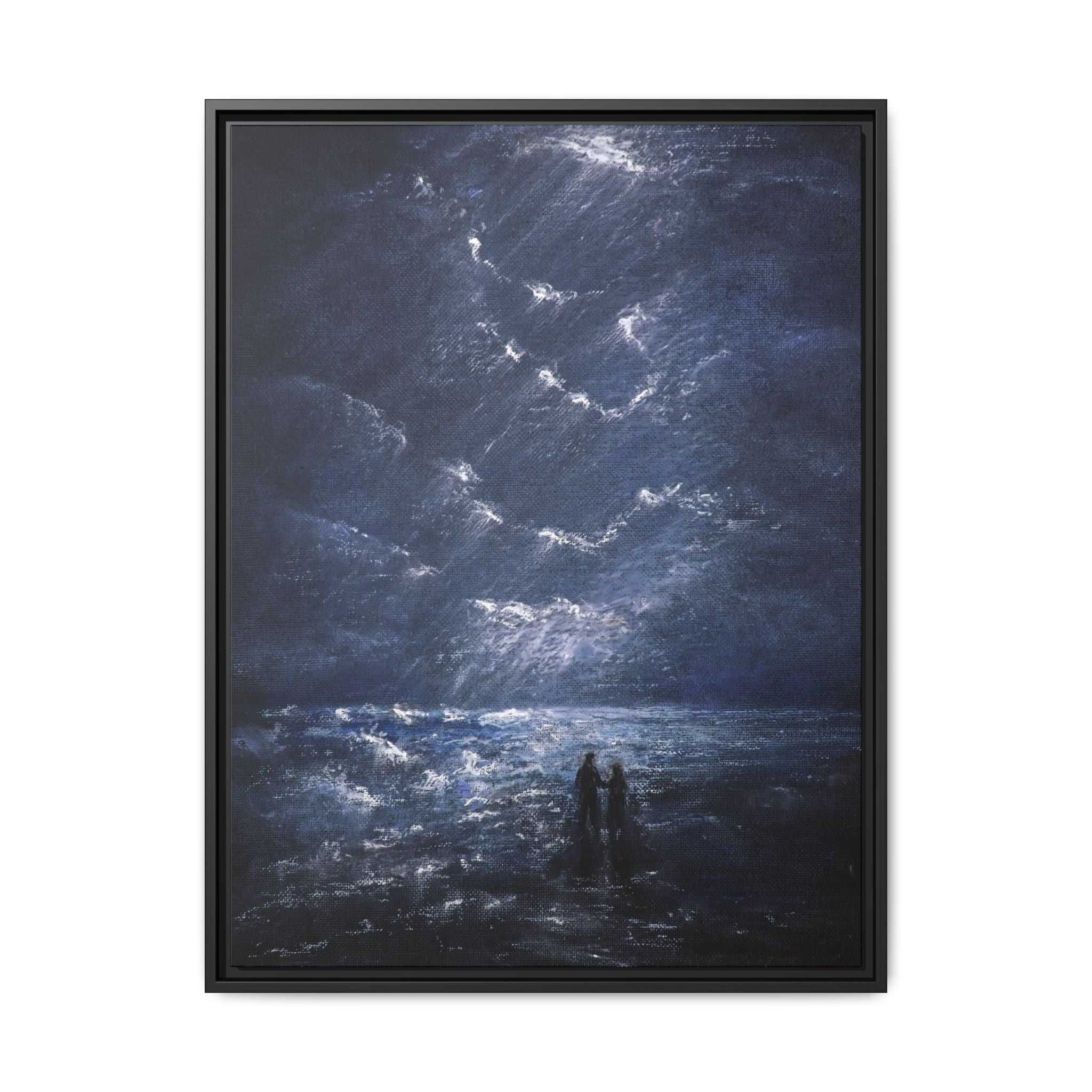 Couple on Shore at Night - Framed Canvas Art