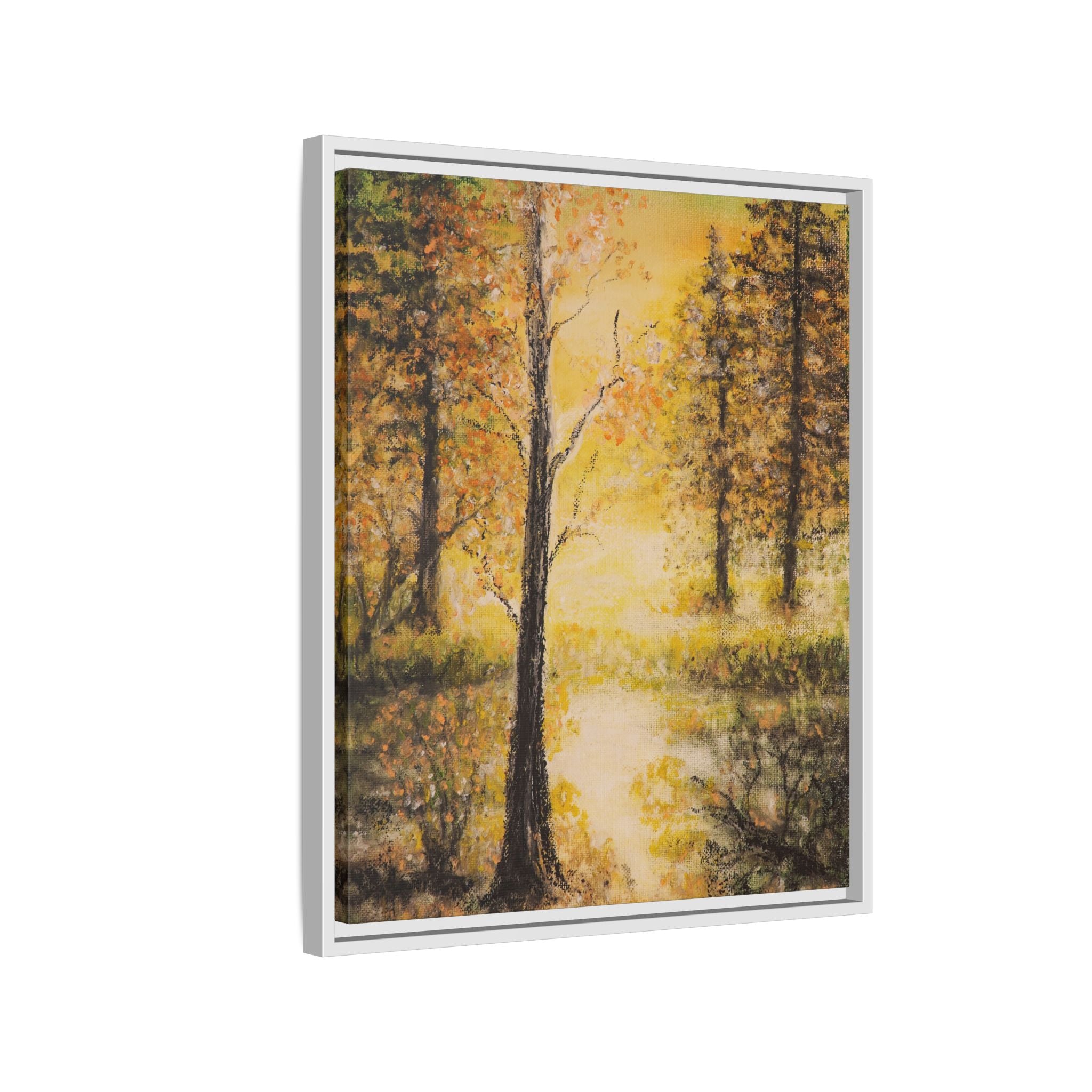 Framed Autumn Forest Canvas Print — Golden Lakeside Wall Art