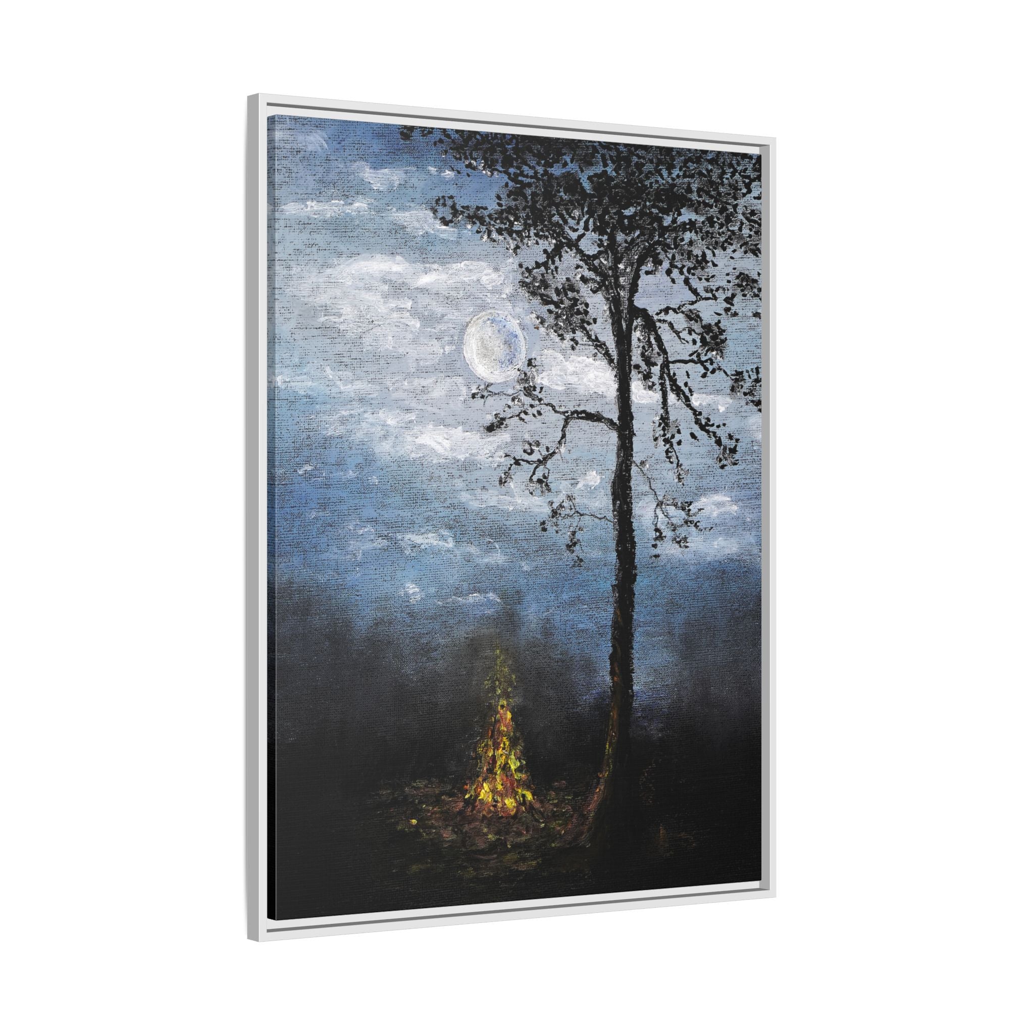 Framed Matte Canvas Print — Moonlit Campfire Landscape