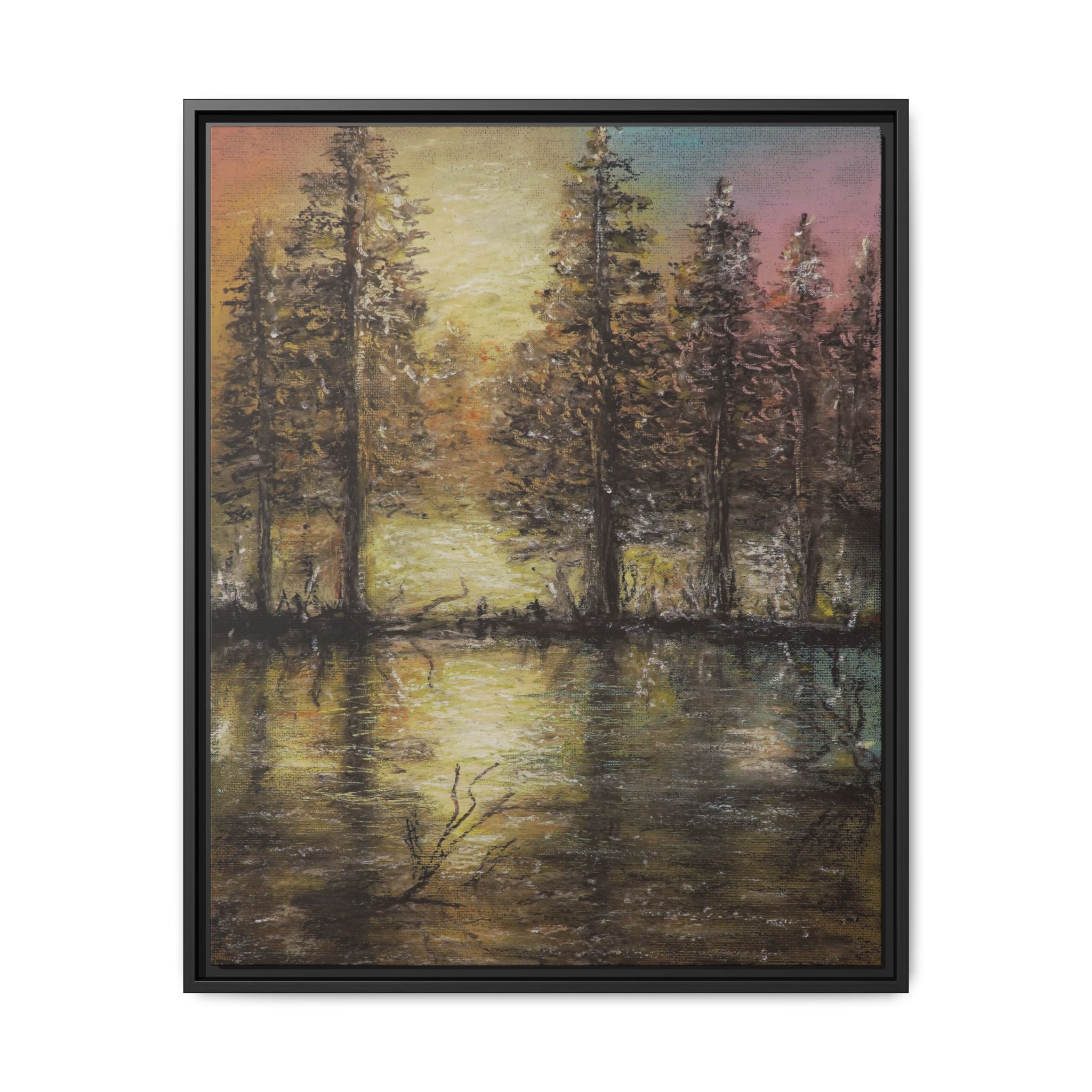 Framed Matte Canvas Wall Art — Sunset Forest Reflection