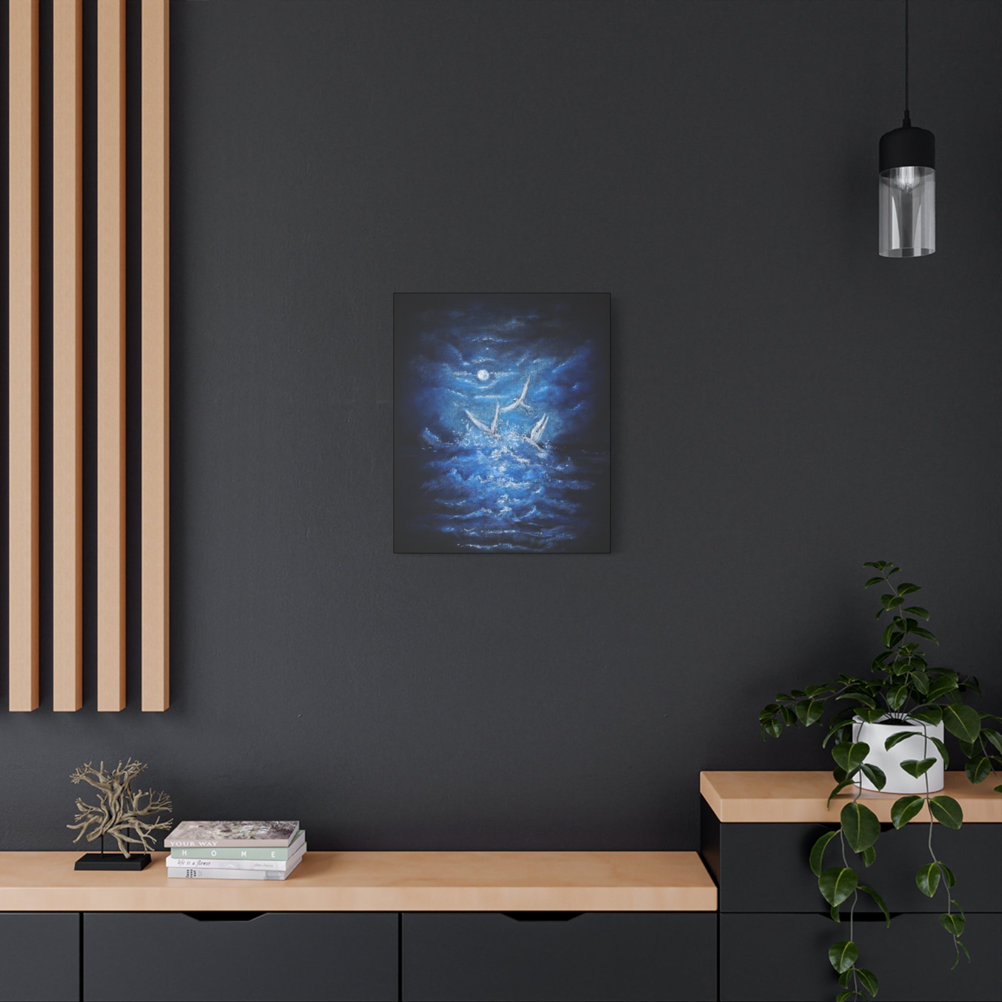 Moonlit White Birds Matte Stretched Canvas – Serene Ocean Wall Art