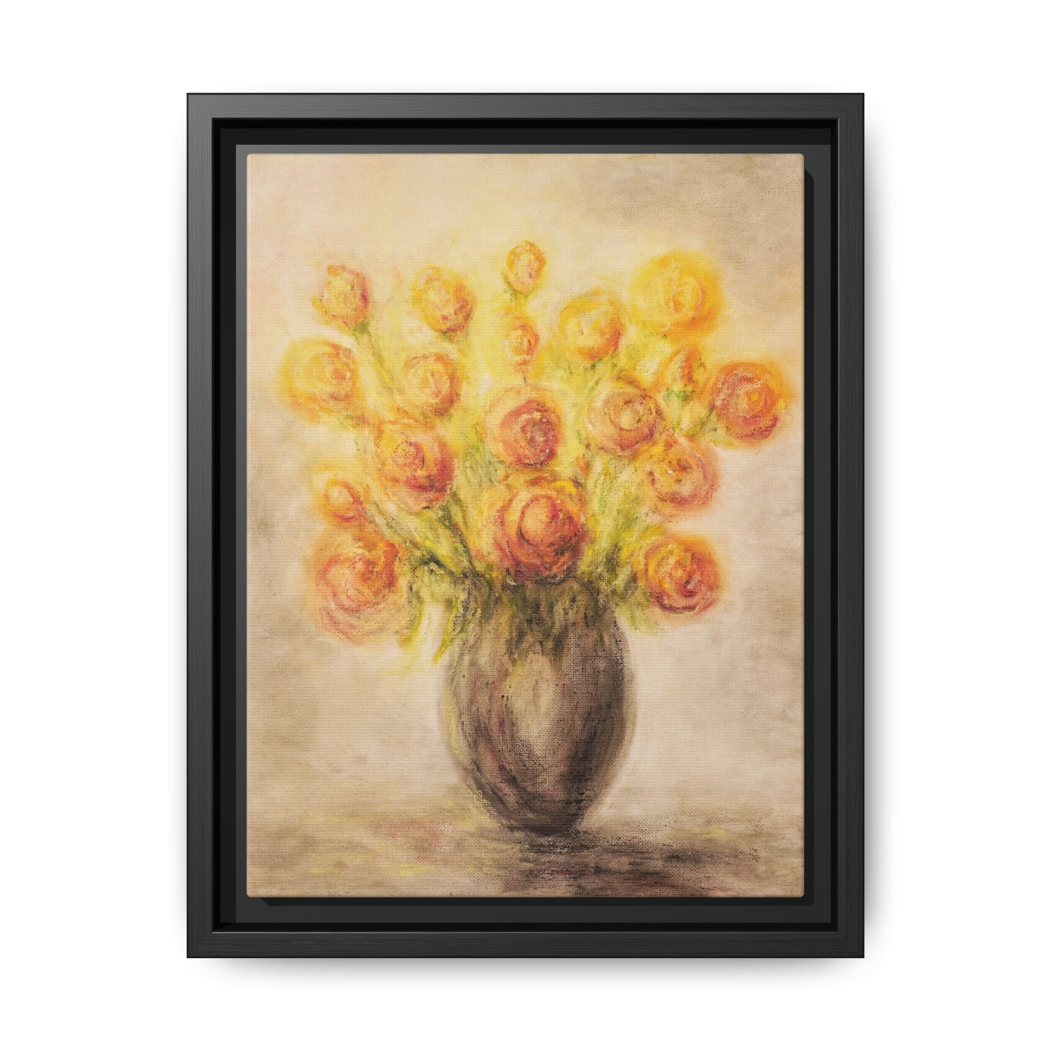 Framed Matte Canvas Floral Bouquet Wall Art — Yellow Rose Vase Print