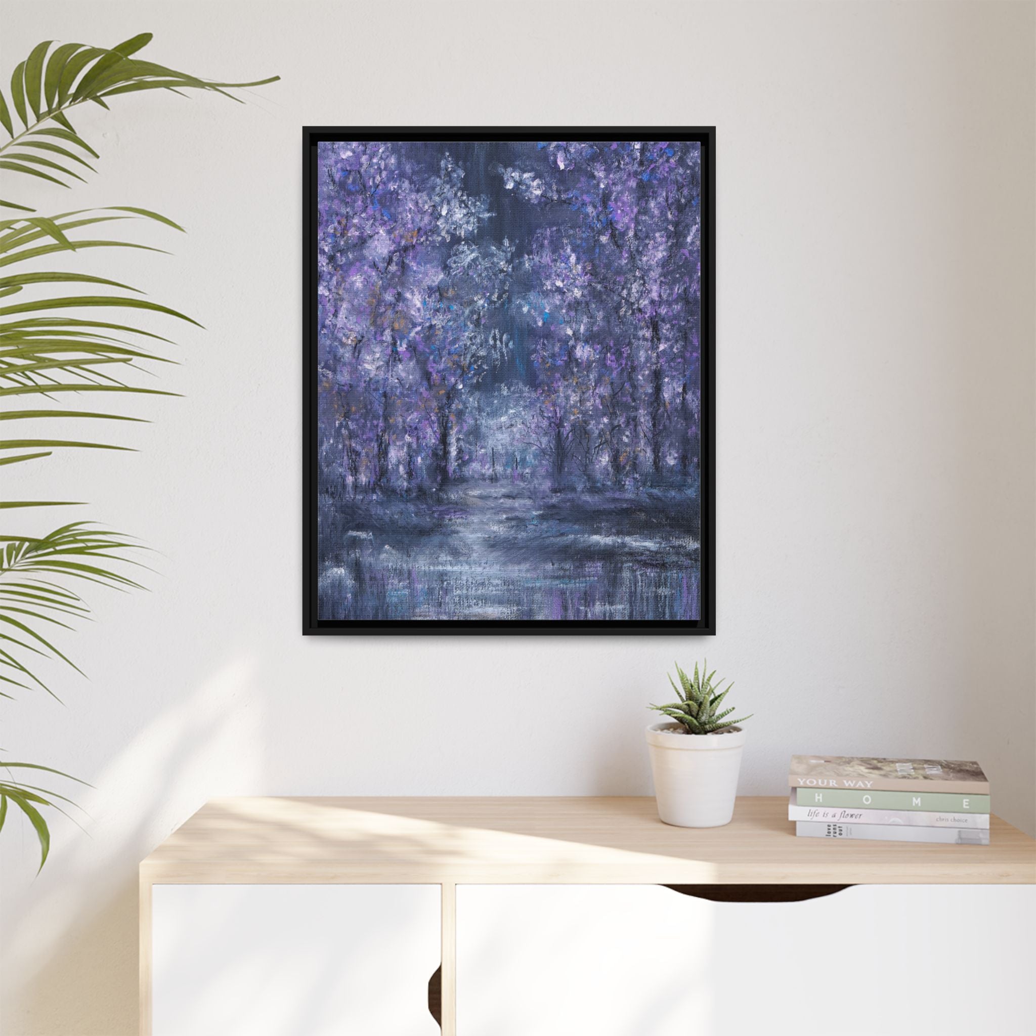 Framed Matte Canvas Art – Lavender Forest Moonlit Landscape