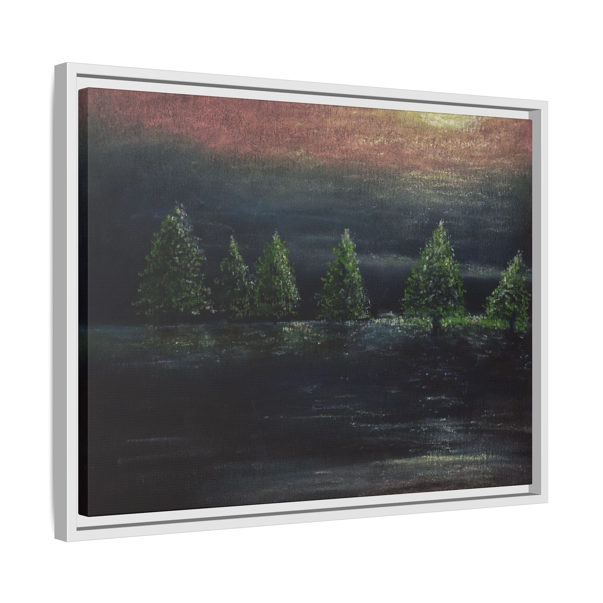 Framed Matte Canvas Wall Art — Moonlit Pine Trees Landscape