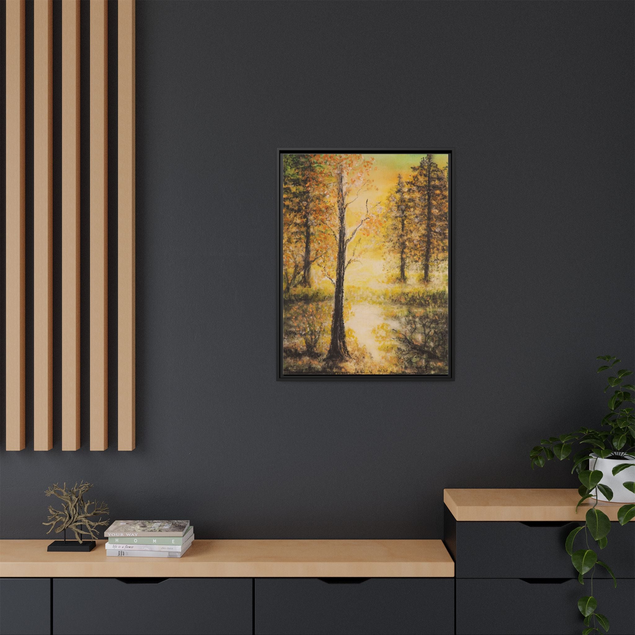 Framed Autumn Forest Canvas Print — Golden Lakeside Wall Art