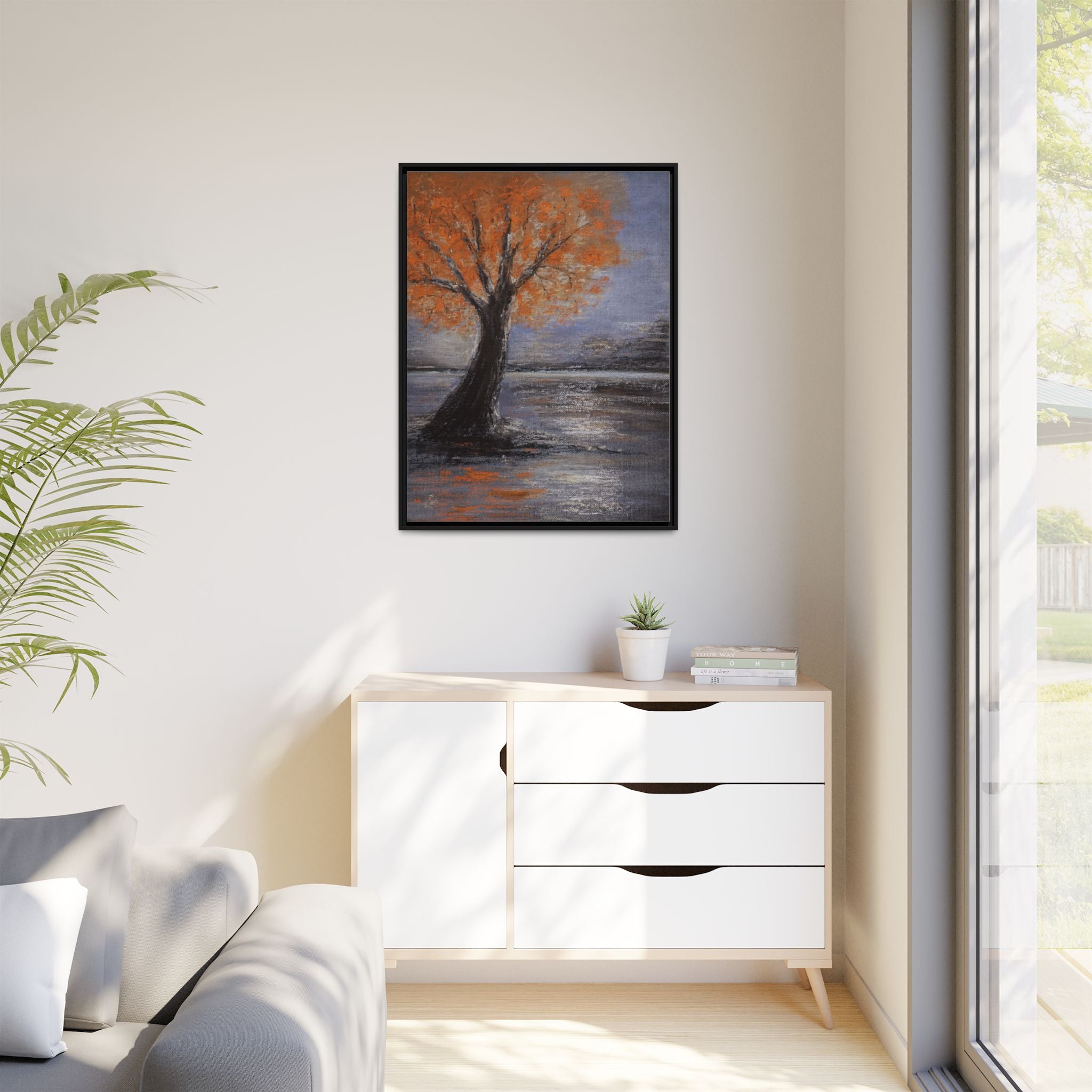 Framed Autumn Tree Canvas Print — Orange Tree Landscape Wall Art