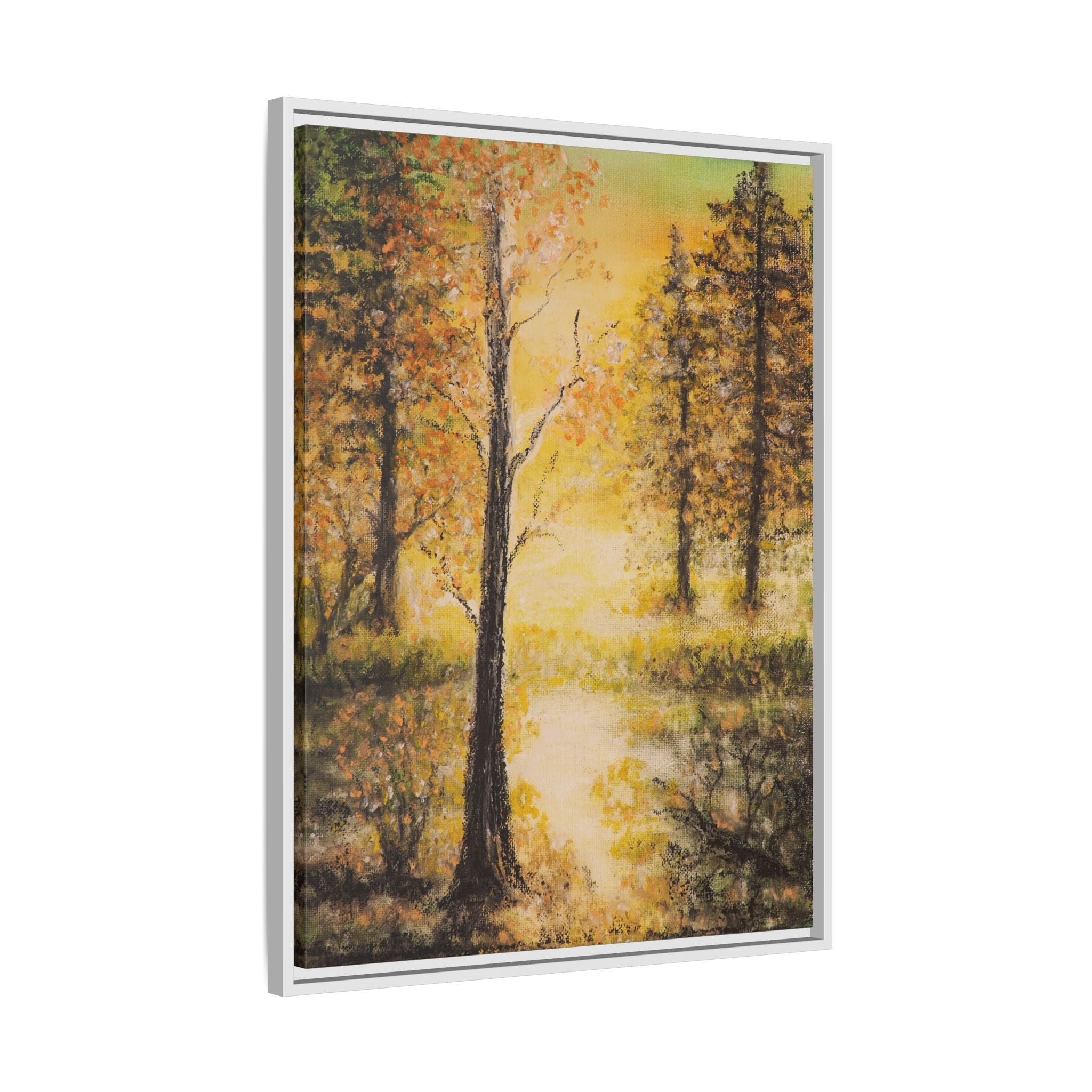 Framed Autumn Forest Canvas Print — Golden Lakeside Wall Art