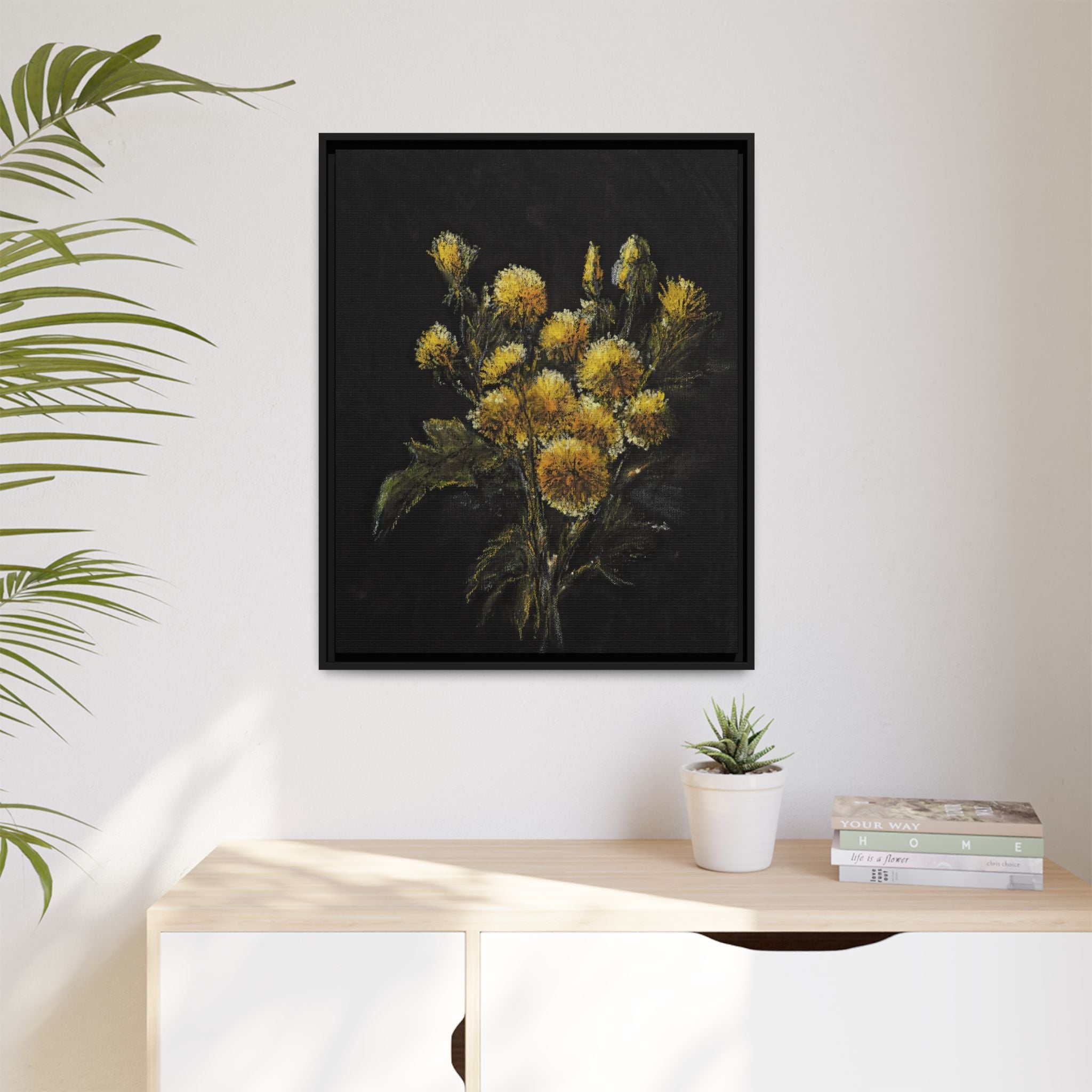 Framed Matte Canvas Print — Yellow Wildflower Bouquet on Black (Botanical Wall Art)