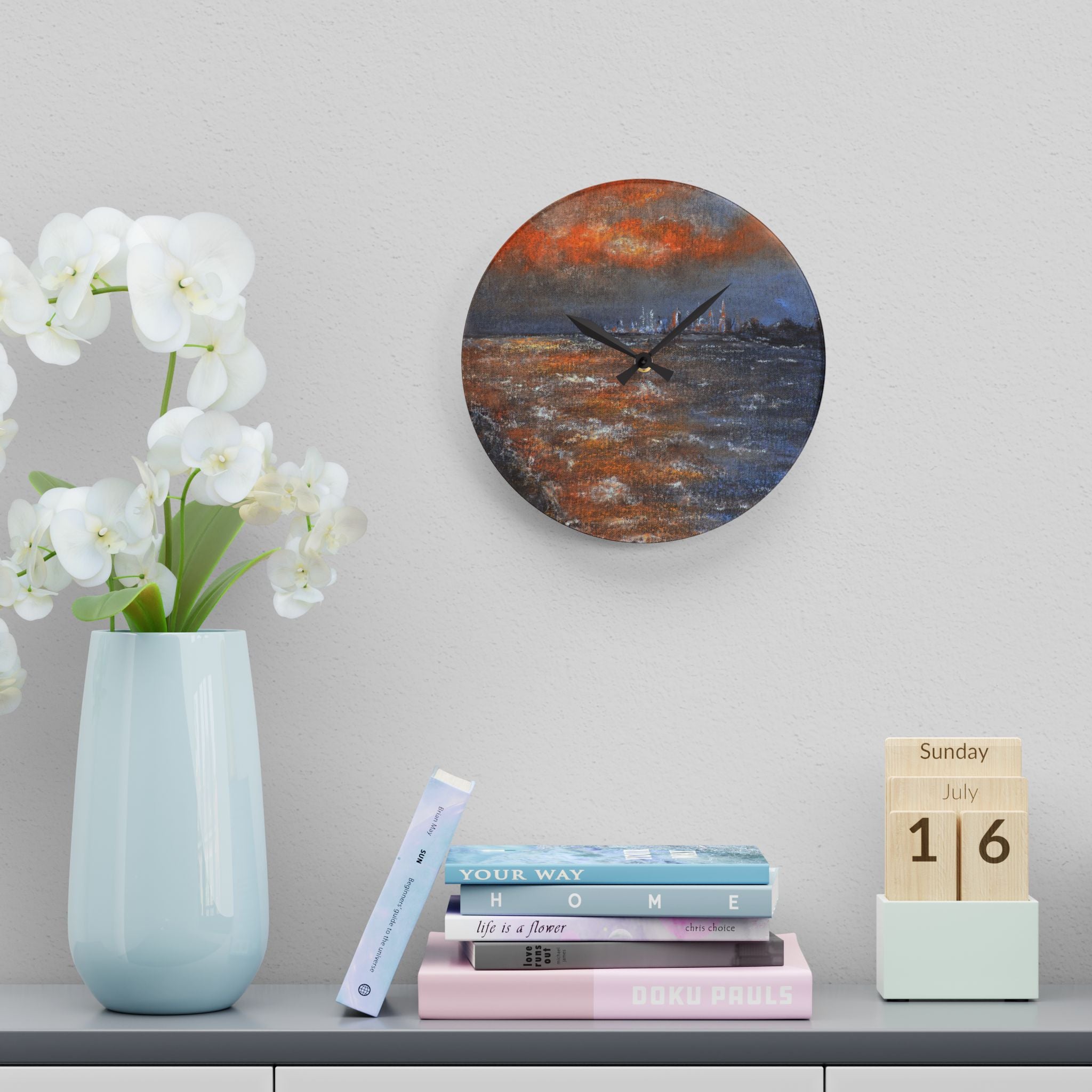 Abstract Seascape Acrylic Wall Clock — Moody Coastal Art Timepiece
