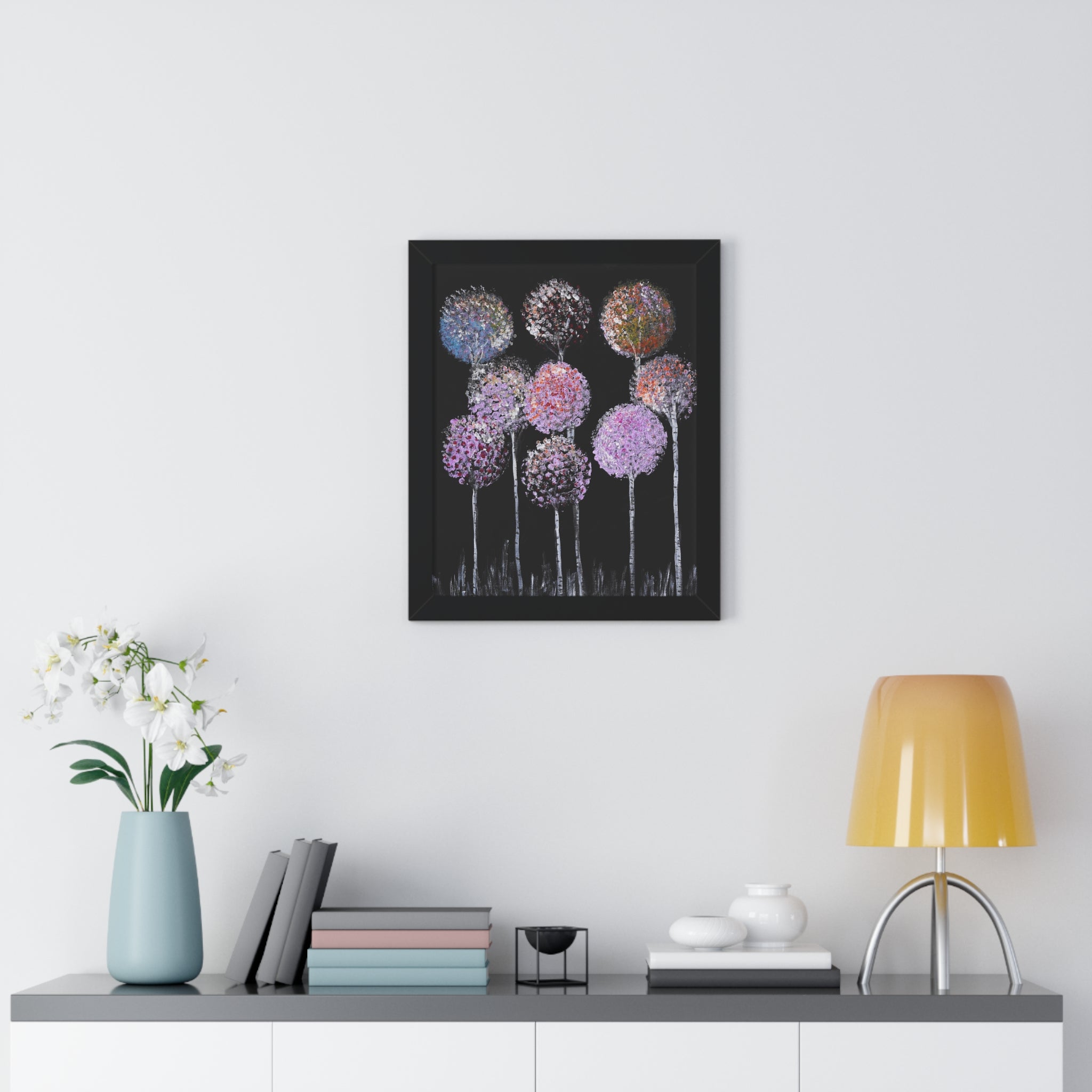 Framed Poster — Pastel Floral Art on Black | Vertical Wall Print