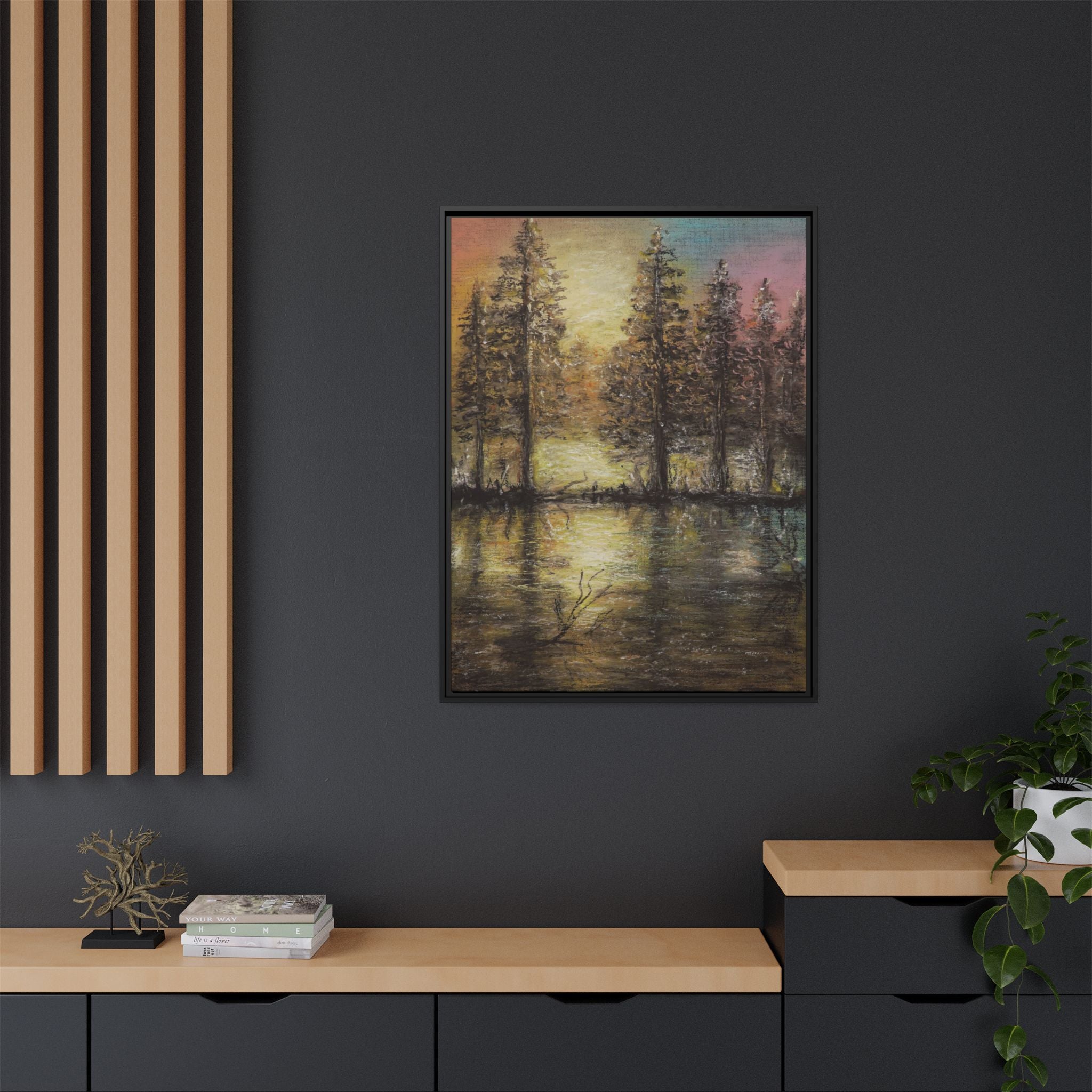 Framed Matte Canvas Wall Art — Sunset Forest Reflection
