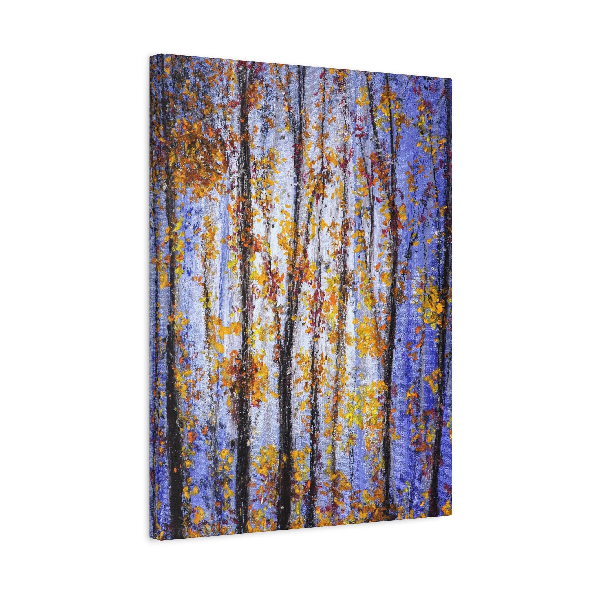 Autumn Aspens Matte Stretched Canvas – Purple & Gold Forest Wall Art (1.25") Canvas print of autumn trees with colorful leaves on a white and blue background