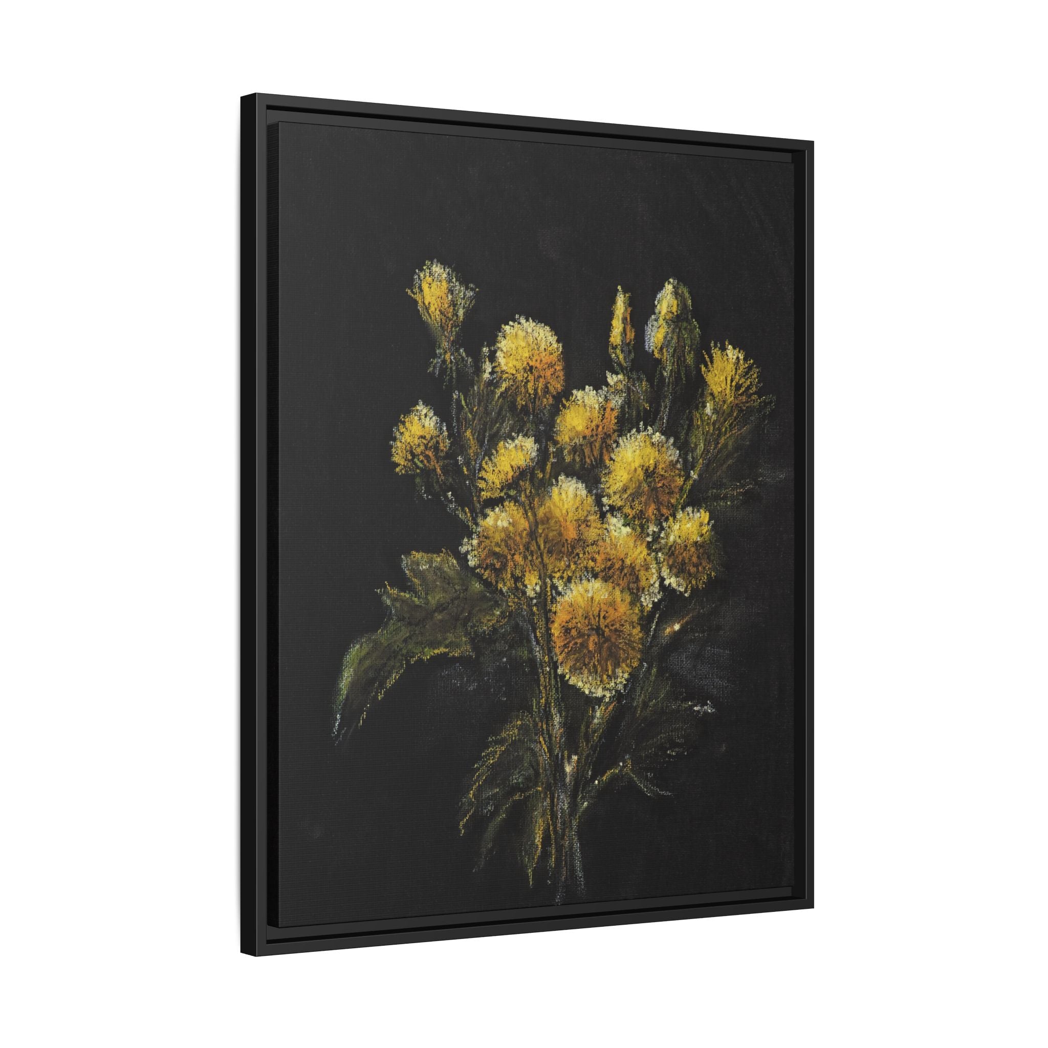 Framed Matte Canvas Print — Yellow Wildflower Bouquet on Black (Botanical Wall Art)