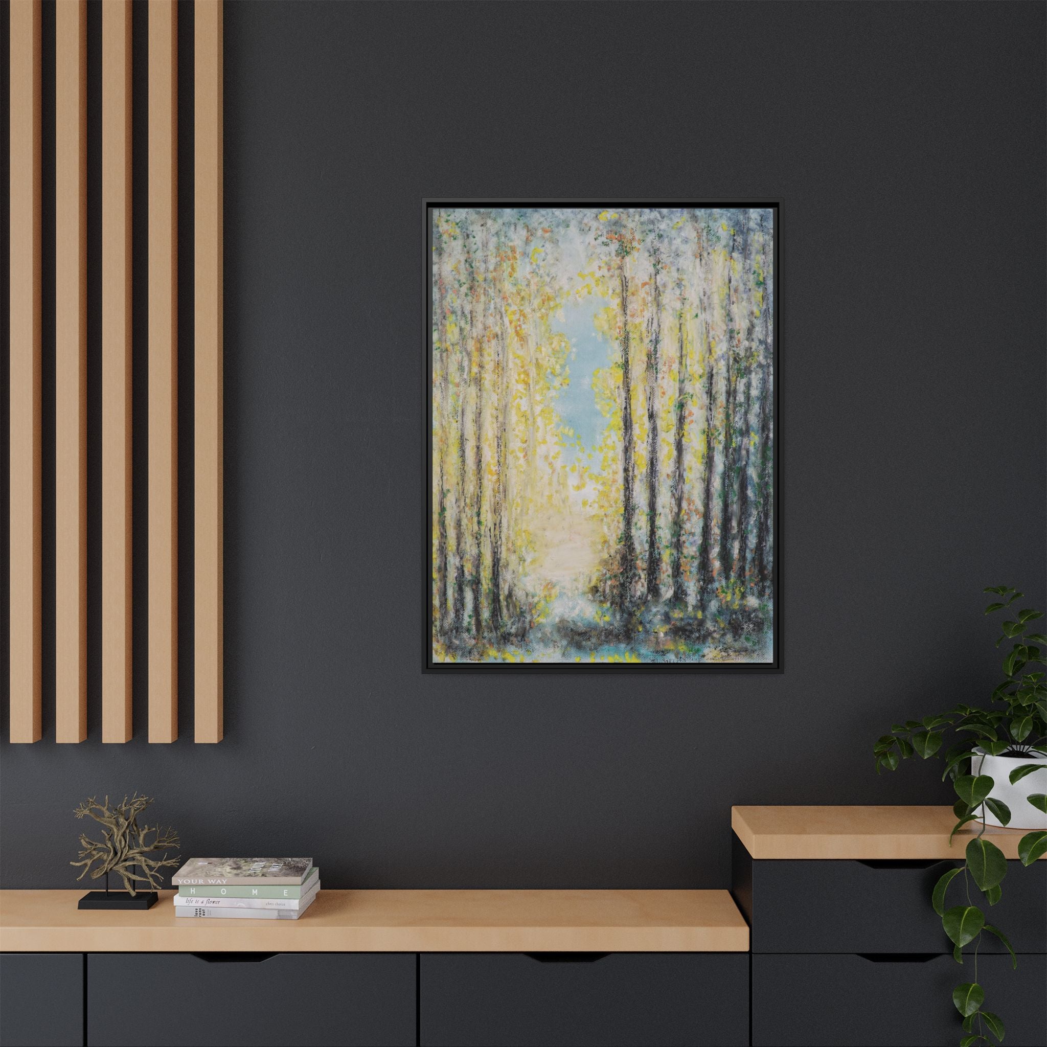 Framed Matte Canvas Print — Sunlit Forest Path Wall Art