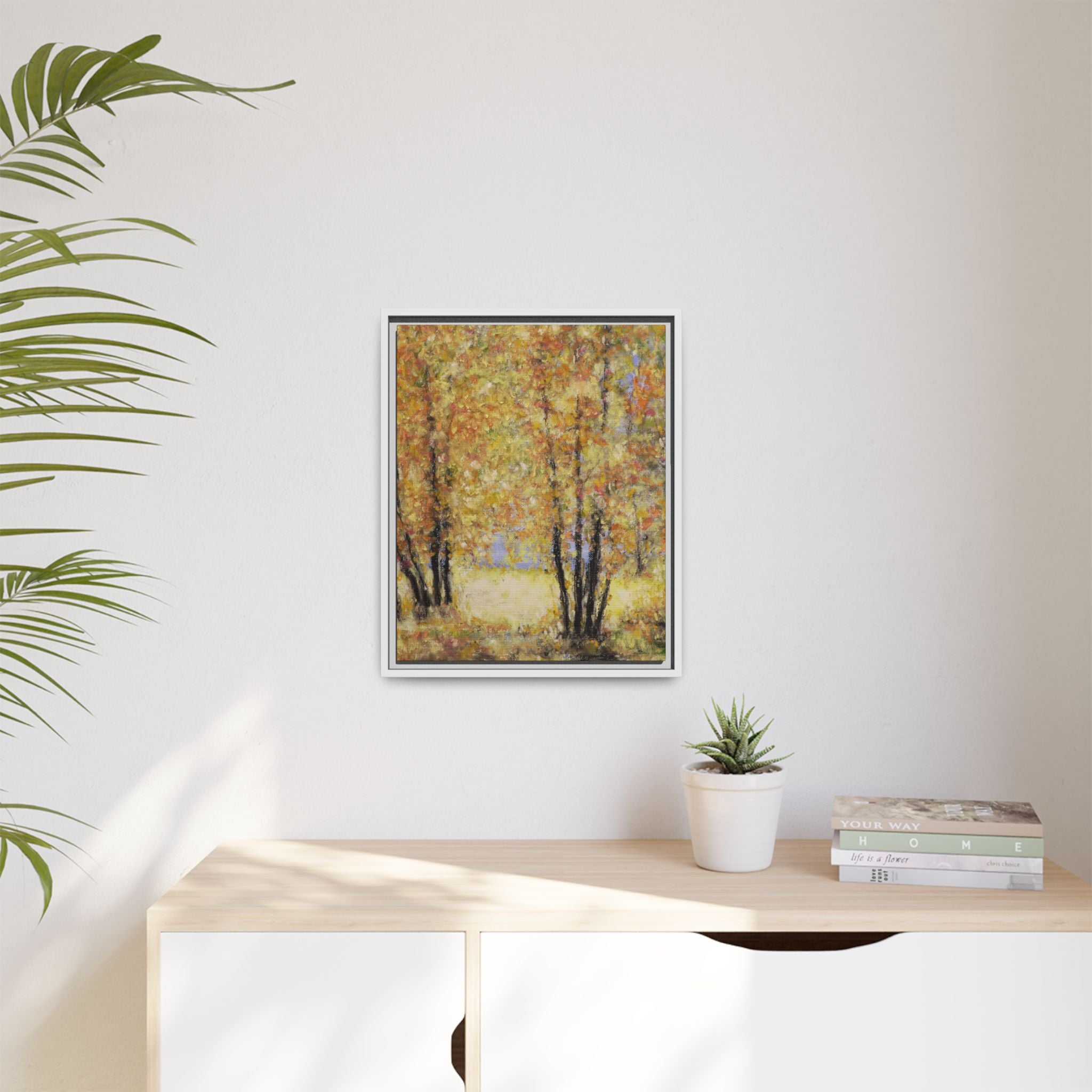 Framed Matte Canvas Autumn Forest Wall Art — Golden Trees Landscape Print
