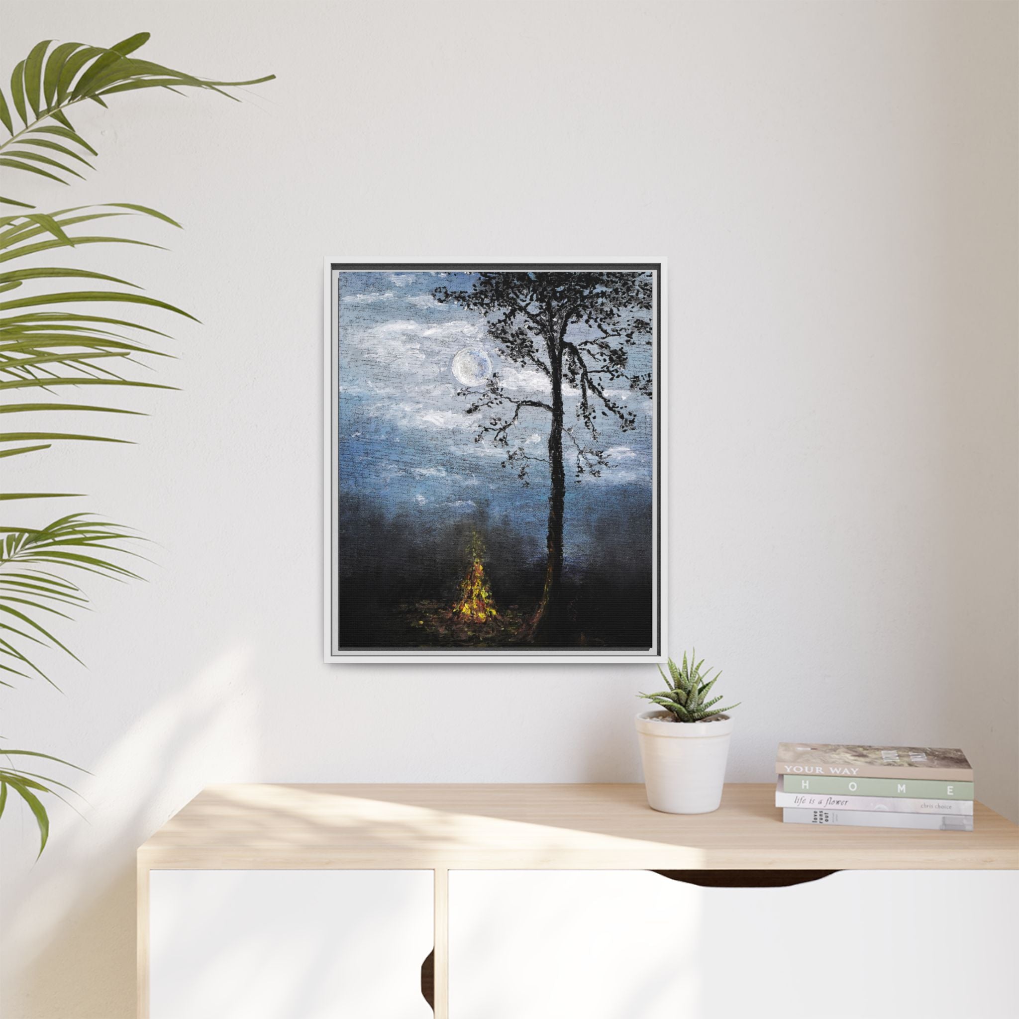 Framed Matte Canvas Print — Moonlit Campfire Landscape