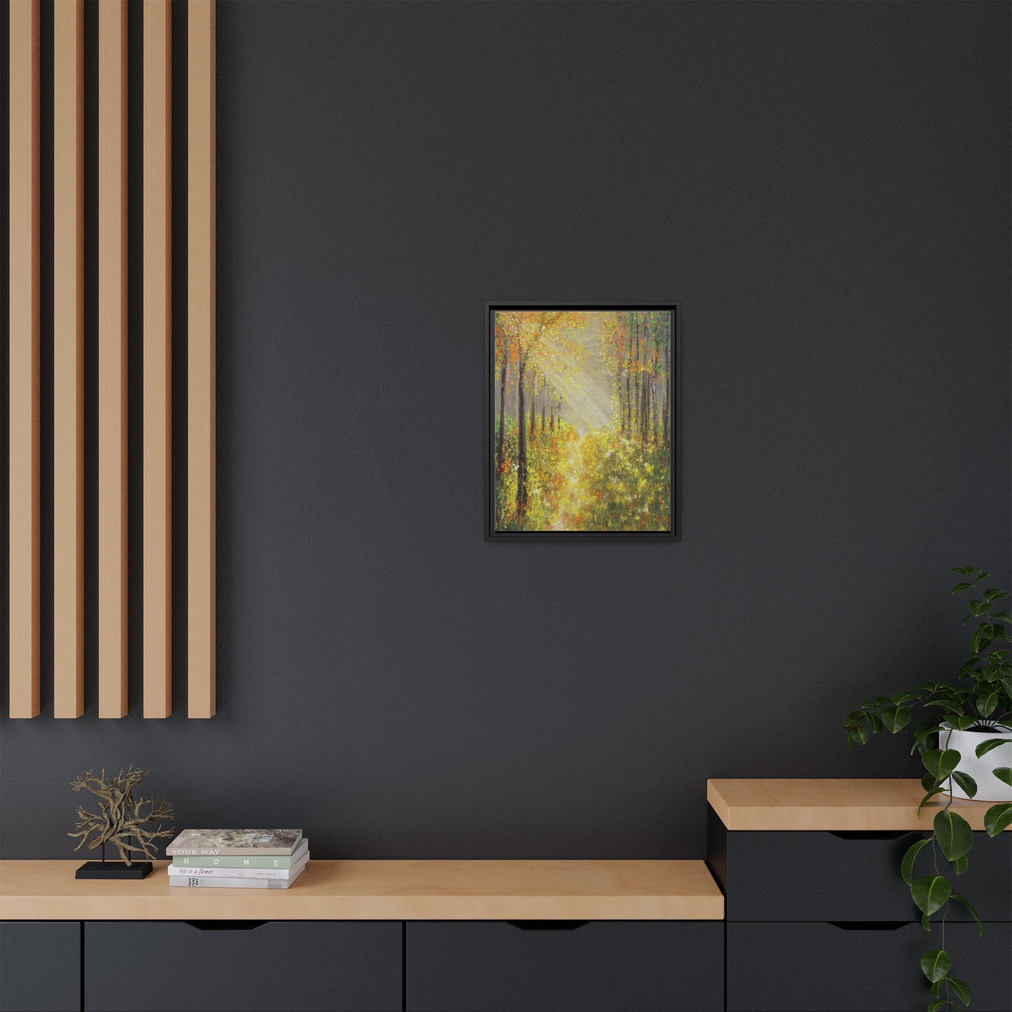 Sunlit Forest Path Framed Canvas Art — Autumn Woodland Wall Decor