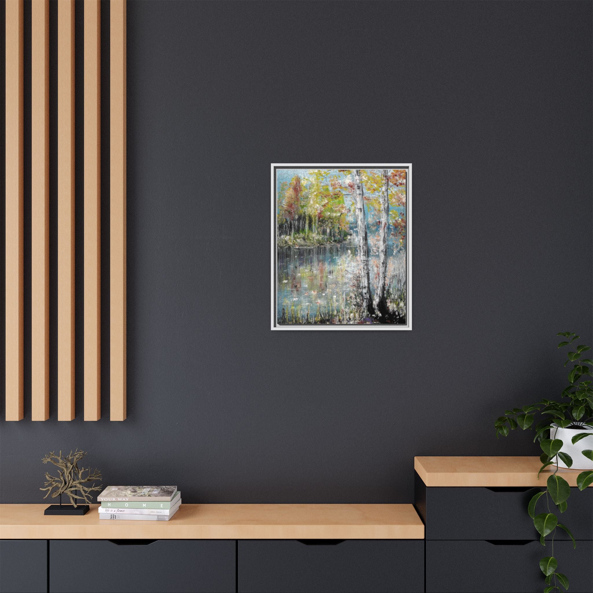 Framed Matte Canvas-Trees by the Lake
