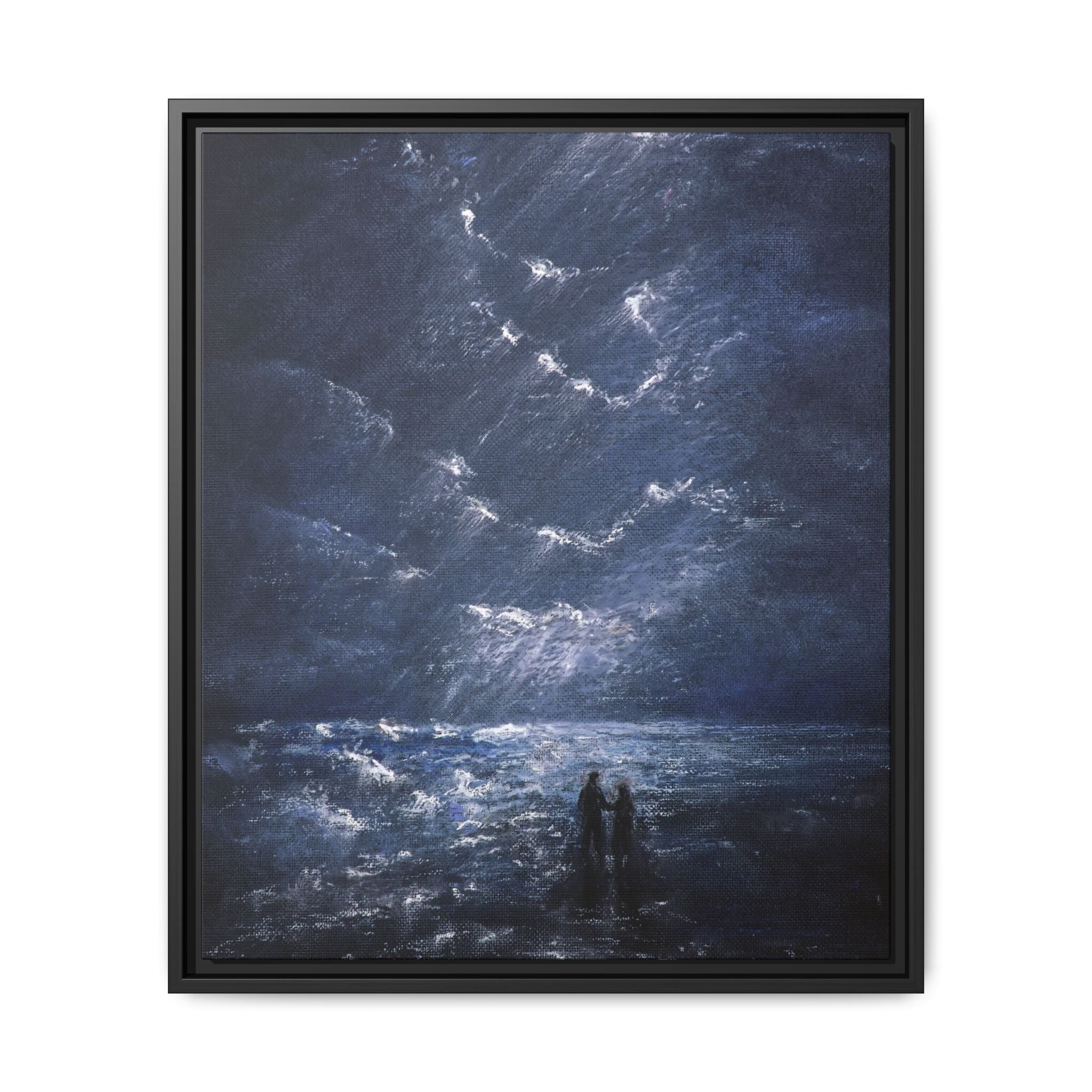 Couple on Shore at Night - Framed Canvas Art