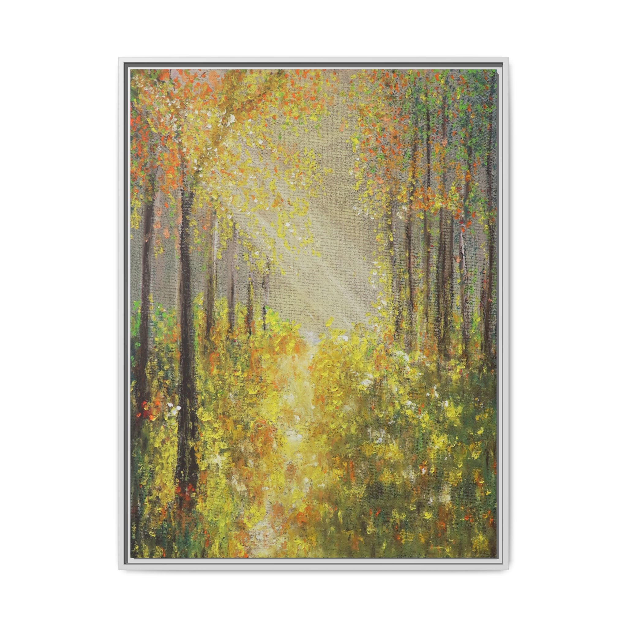 Sunlit Forest Path Framed Canvas Art — Autumn Woodland Wall Decor