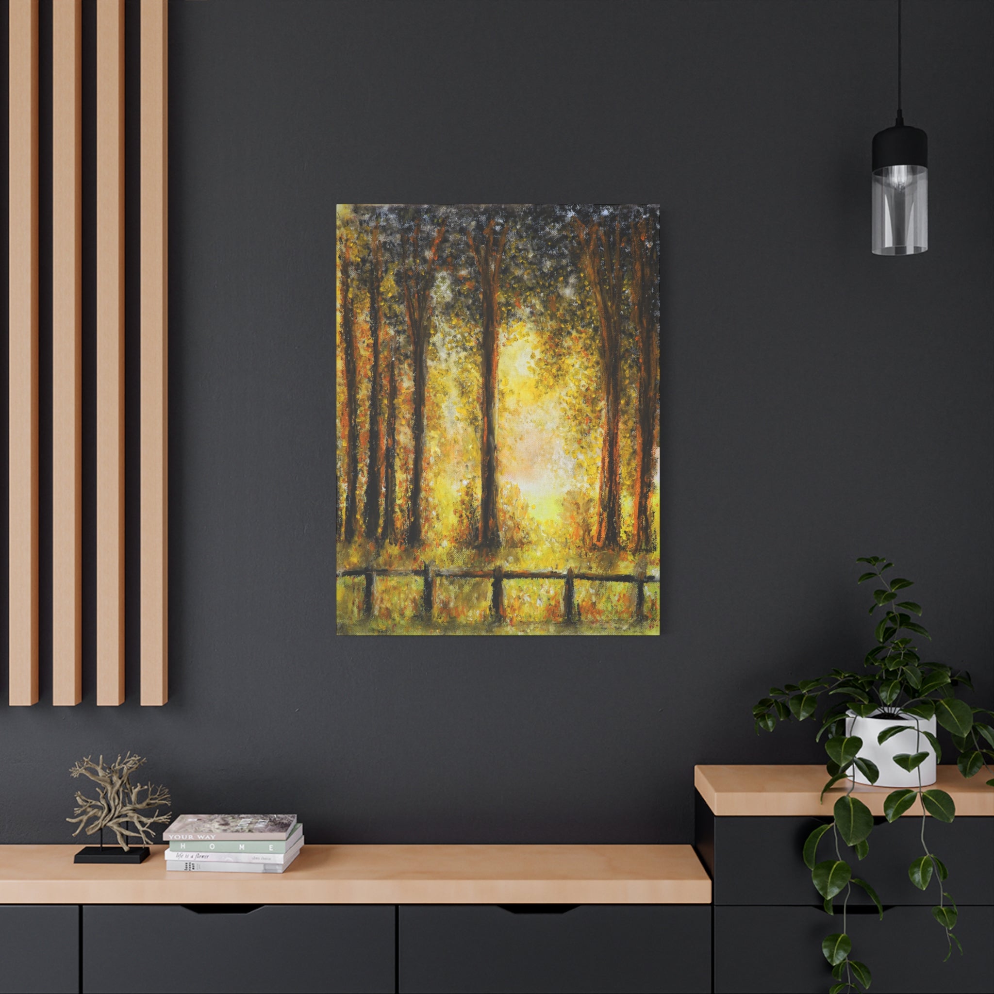 Sunlit Forest Matte Canvas Wall Art — Golden Trees Landscape