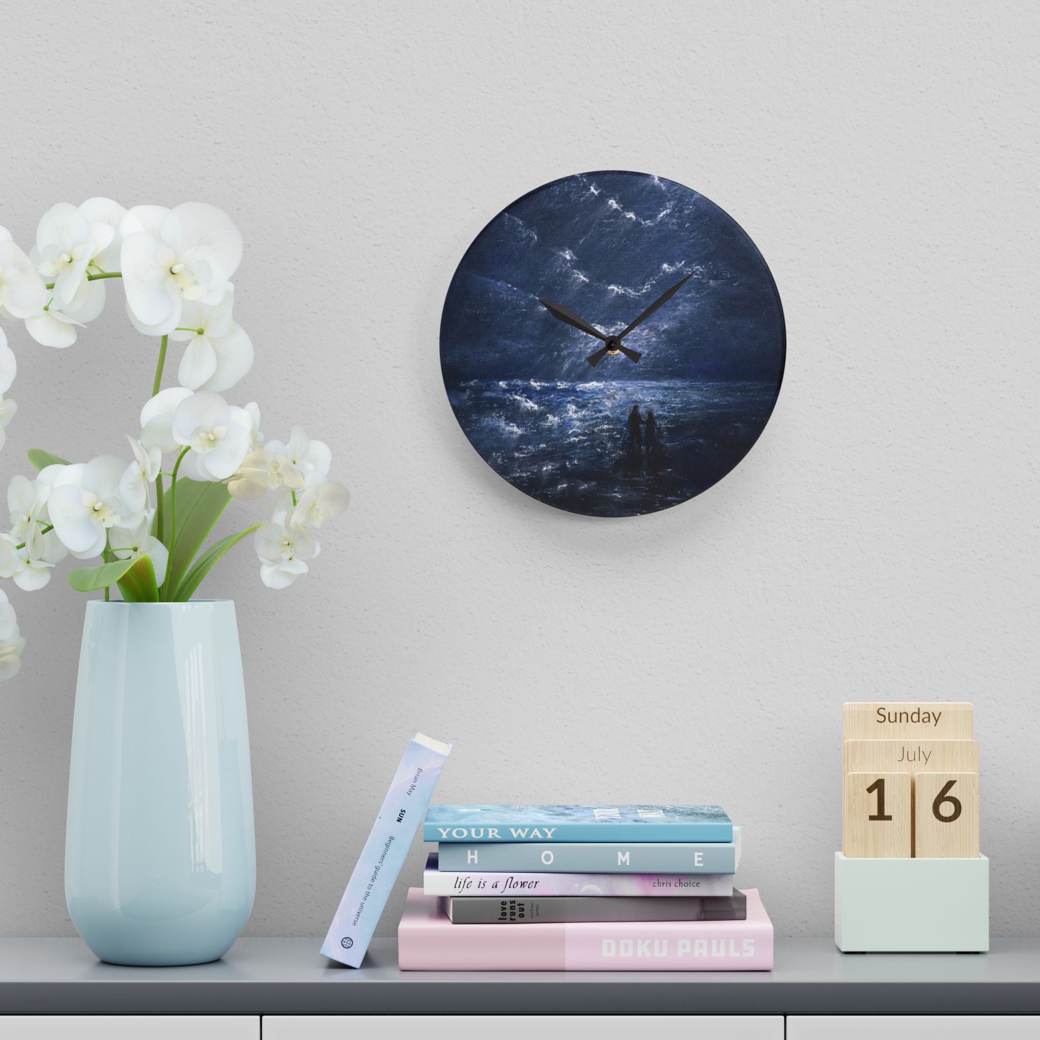 Acrylic Wall Clock — Moody Coastal Nightscape Clock (Couple on Shore)