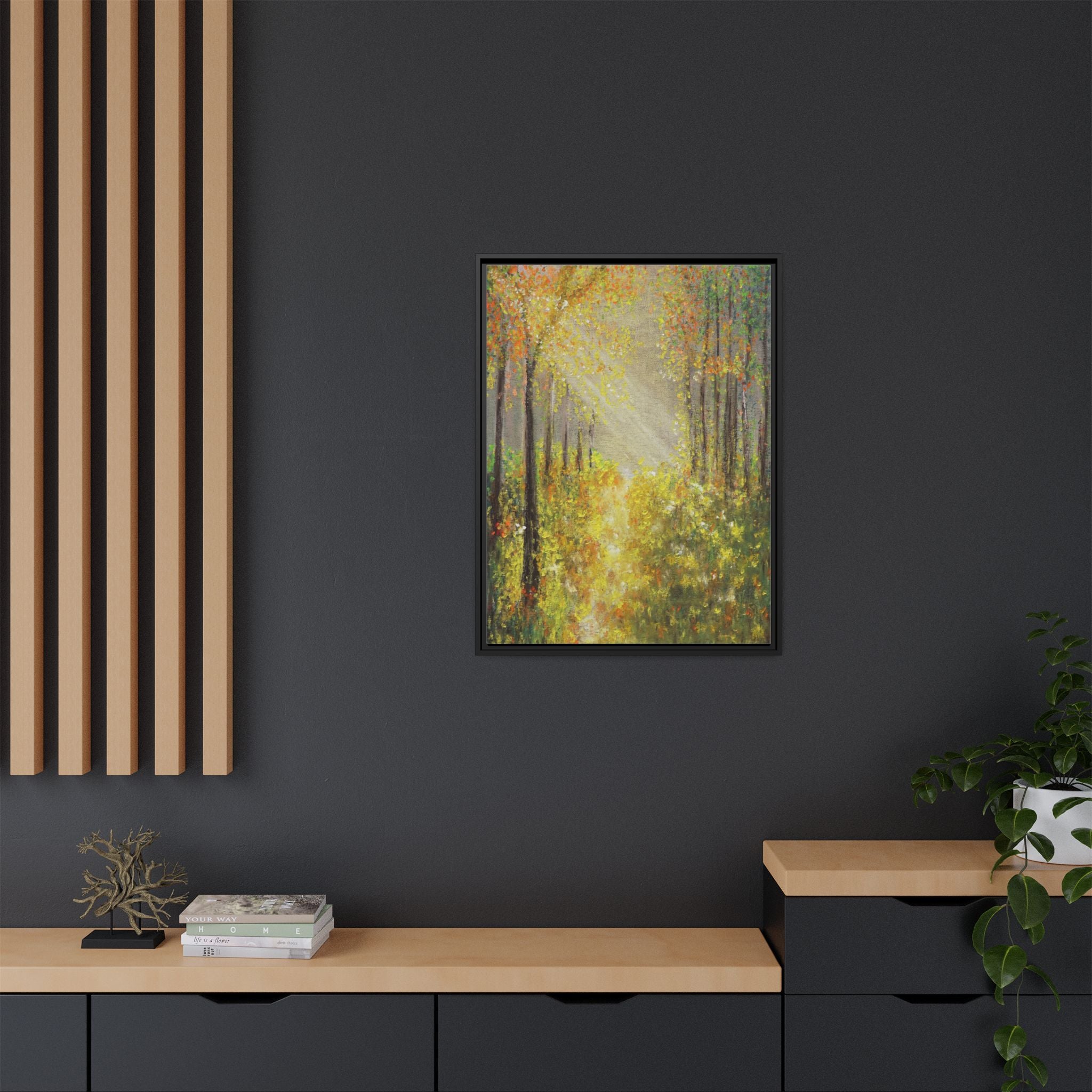 Sunlit Forest Path Framed Canvas Art — Autumn Woodland Wall Decor