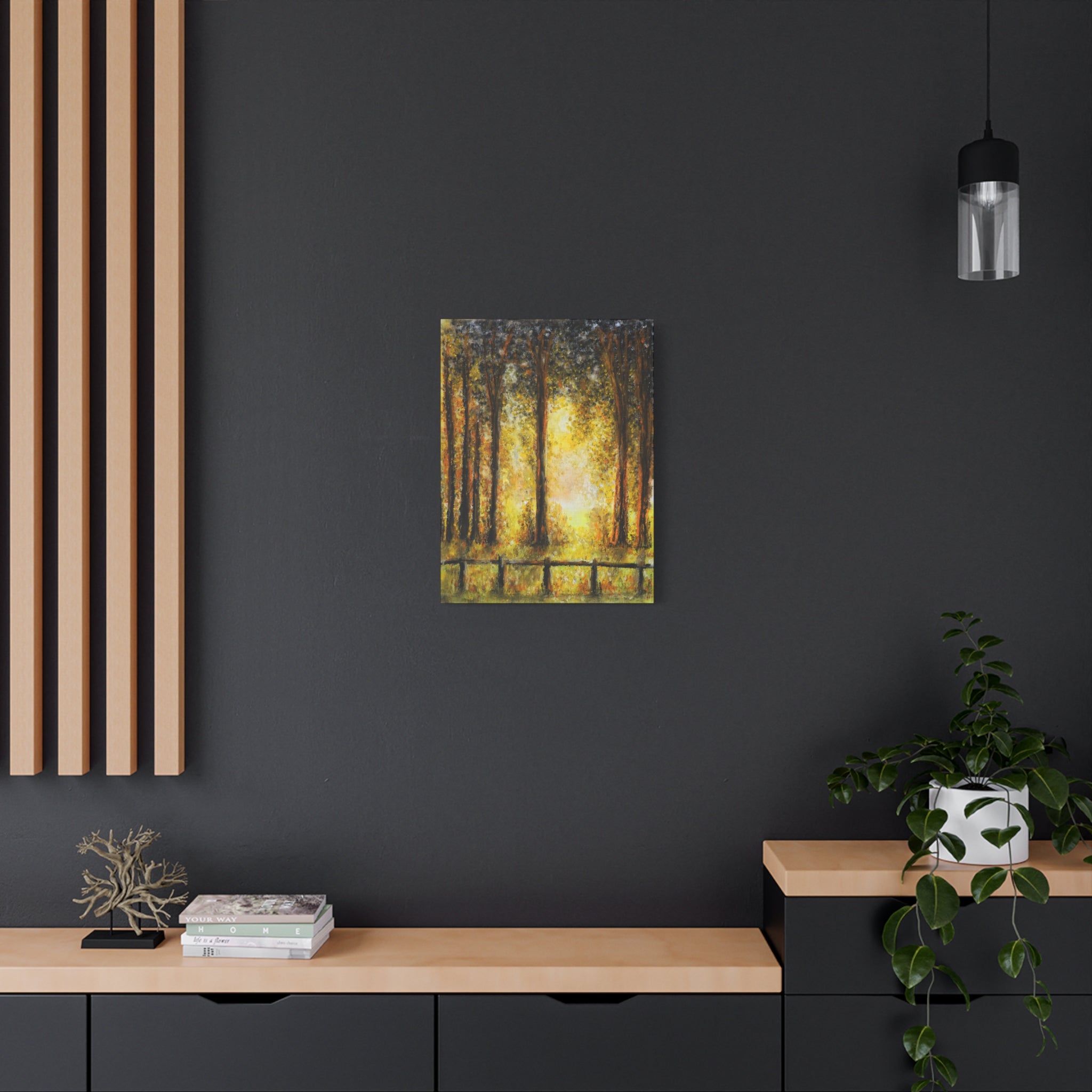 Sunlit Forest Matte Canvas Wall Art — Golden Trees Landscape