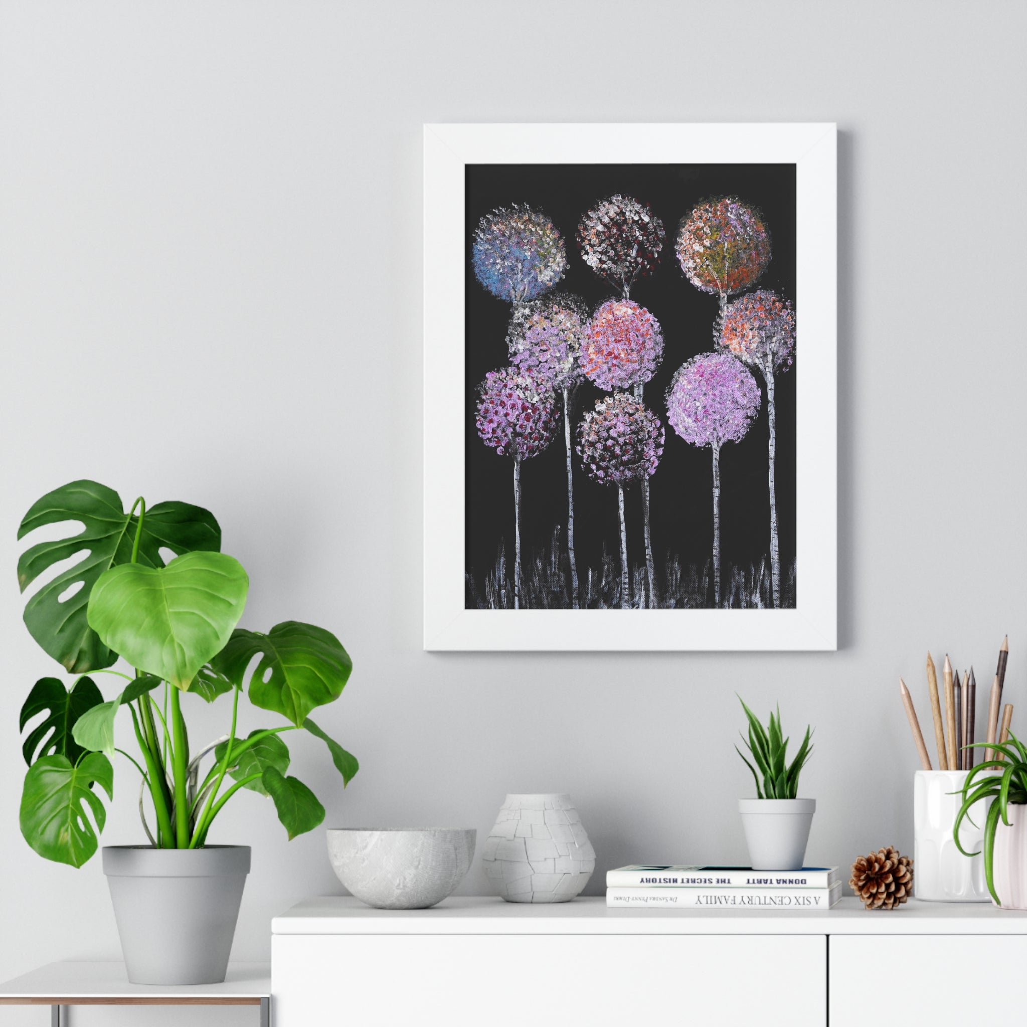 Framed Poster — Pastel Floral Art on Black | Vertical Wall Print