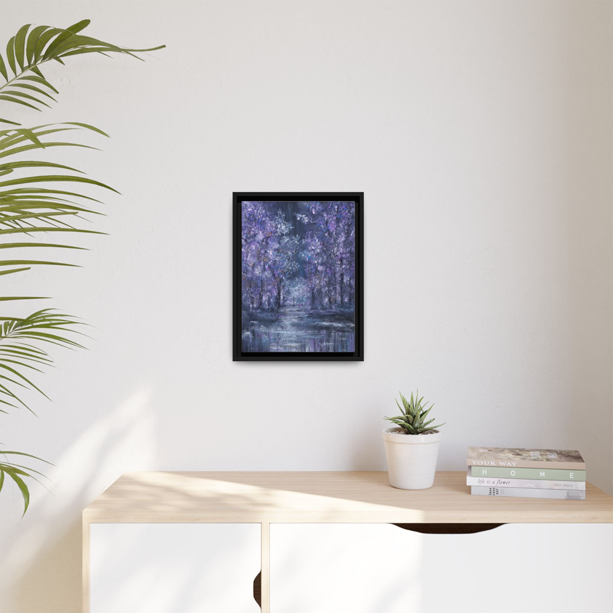Framed Matte Canvas Art – Lavender Forest Moonlit Landscape