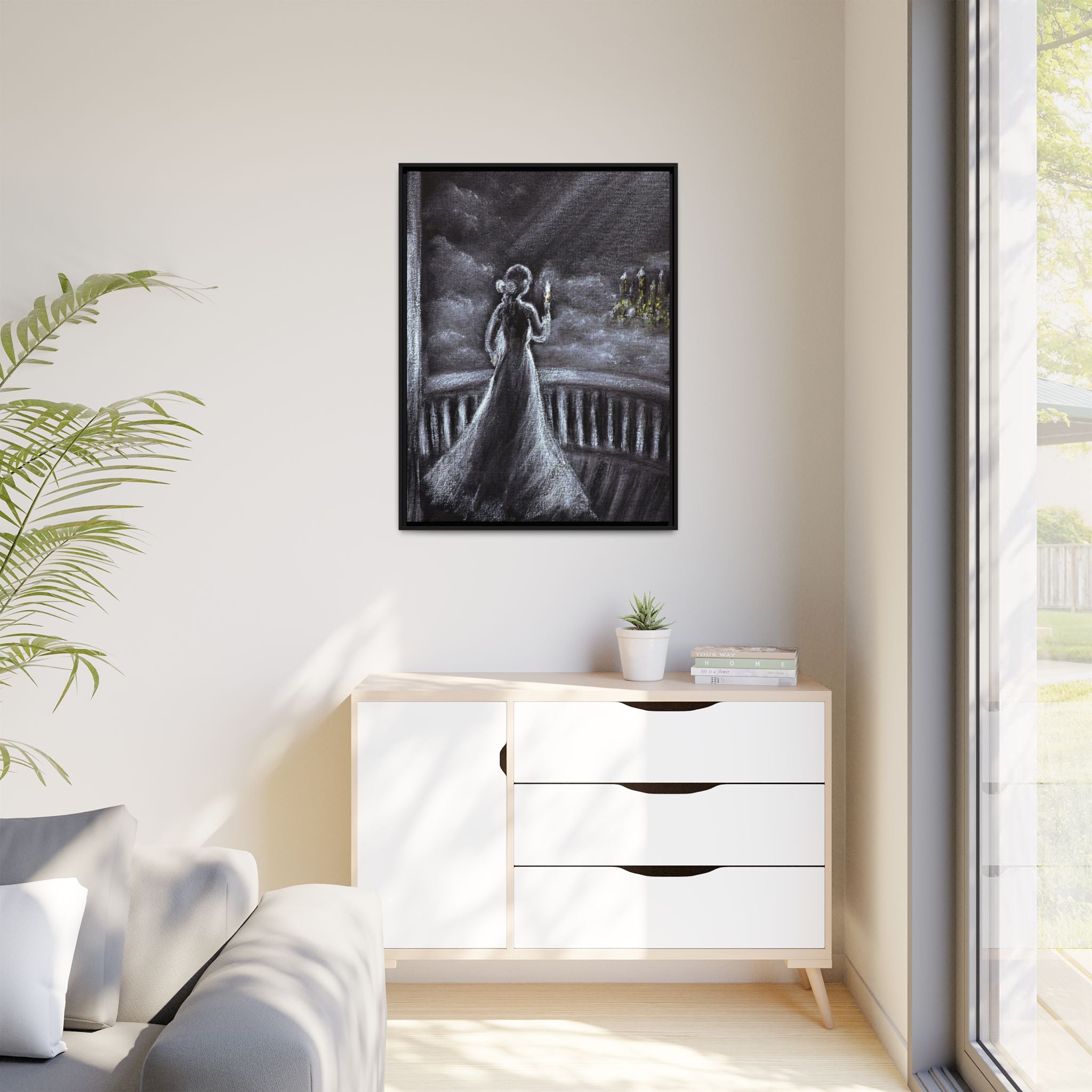 Framed Matte Canvas — Moonlit Lady on Balcony
