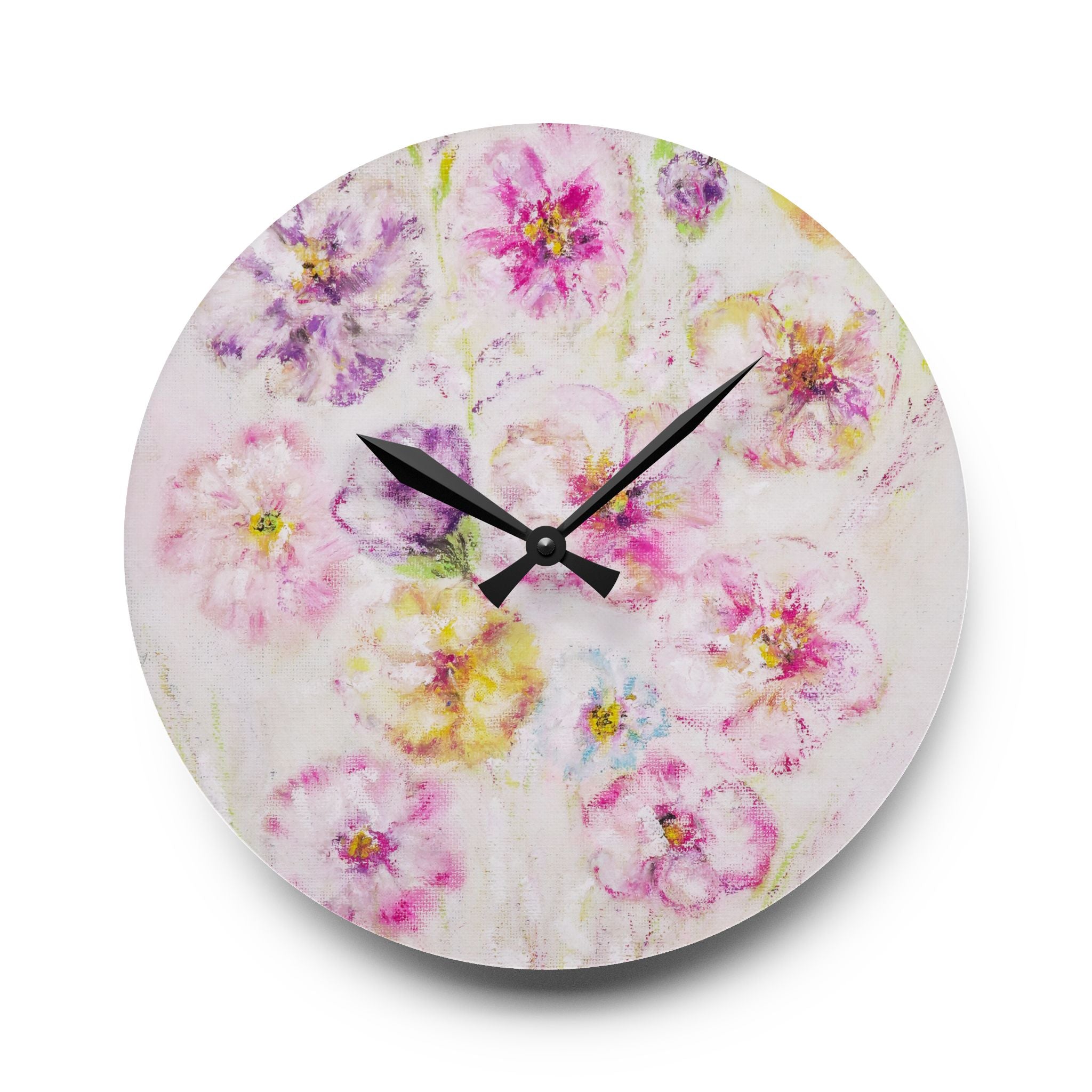 Floral Watercolor Acrylic Wall Clock – Pastel Flower Home Decor